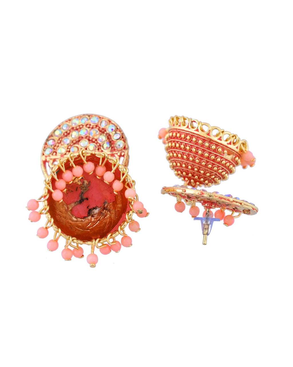 Jewels Nest Gold Plated Kundan Peach Dome Jhumka Earrings With Beads For Women