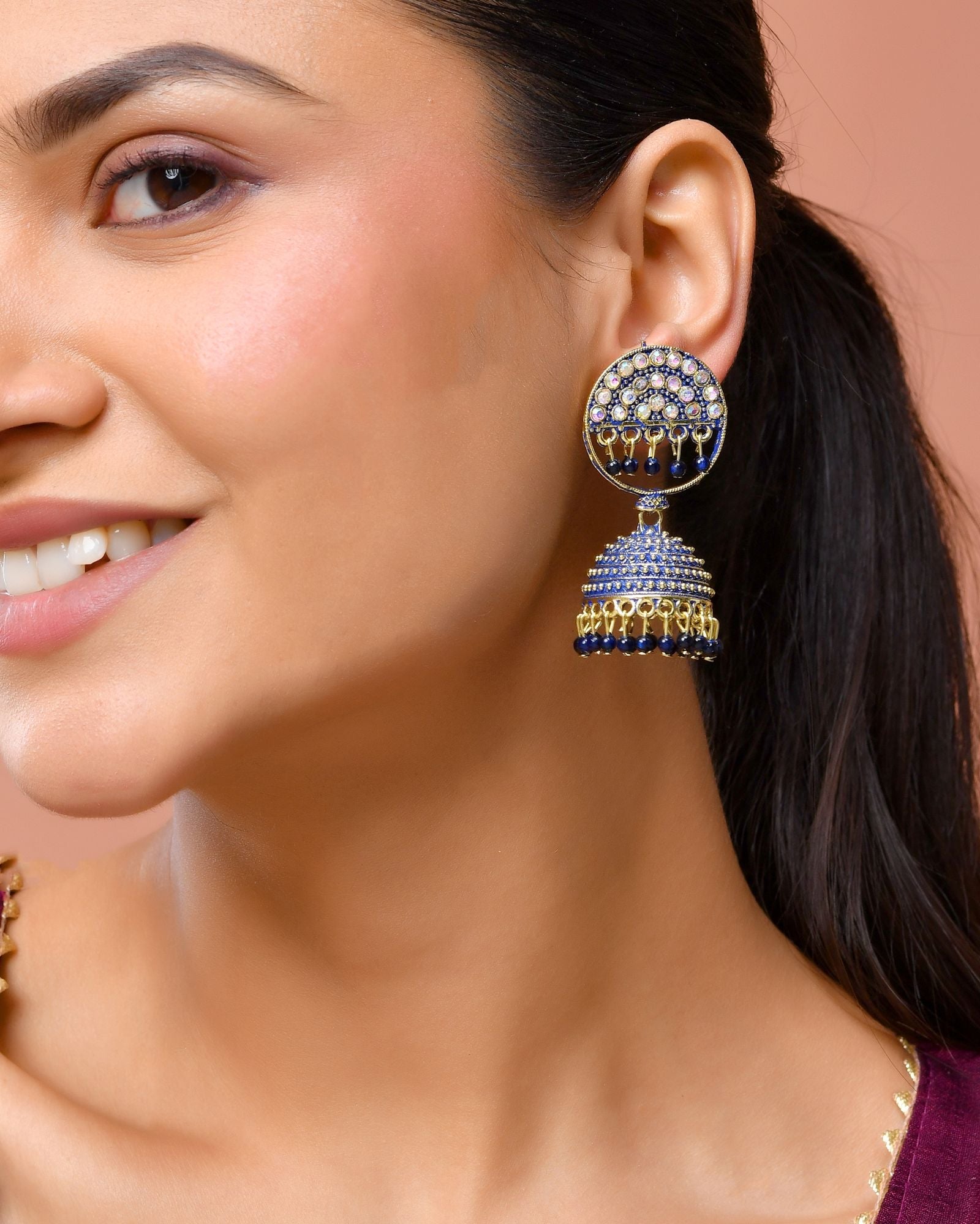 Jewels Nest Gold Plated Kundan Dark Blue Dome Jhumka Earrings With Beads For Women