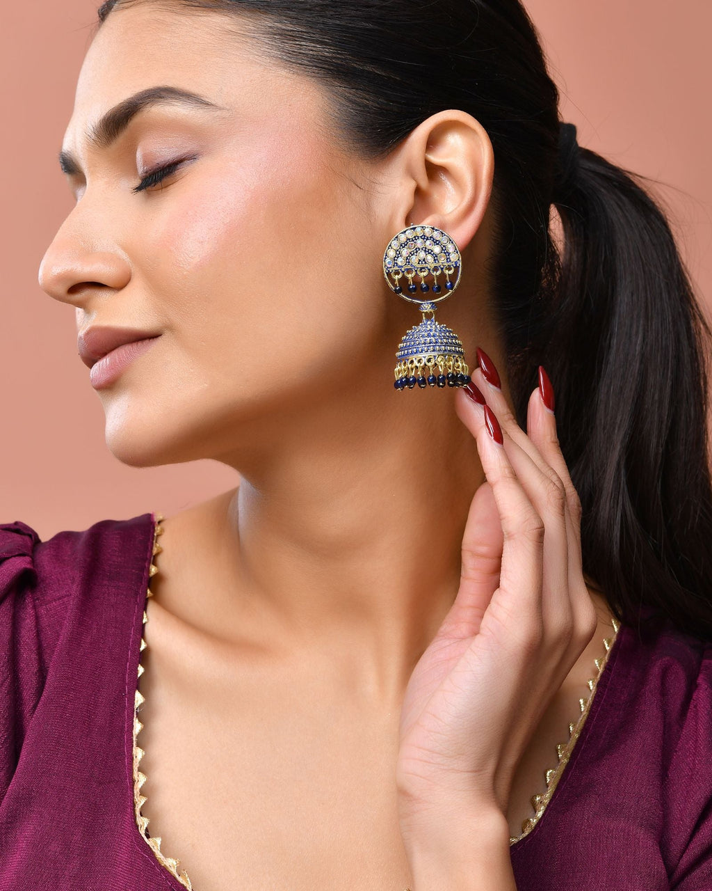 Jewels Nest Gold Plated Kundan Dark Blue Dome Jhumka Earrings With Beads For Women
