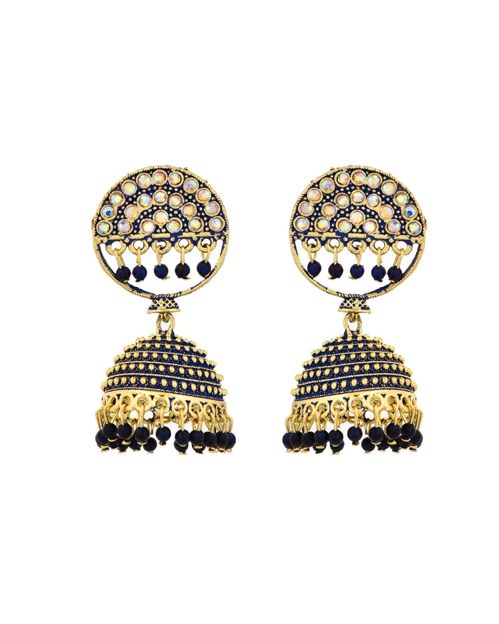 Jewels Nest Gold Plated Kundan Dark Blue Dome Jhumka Earrings With Beads For Women