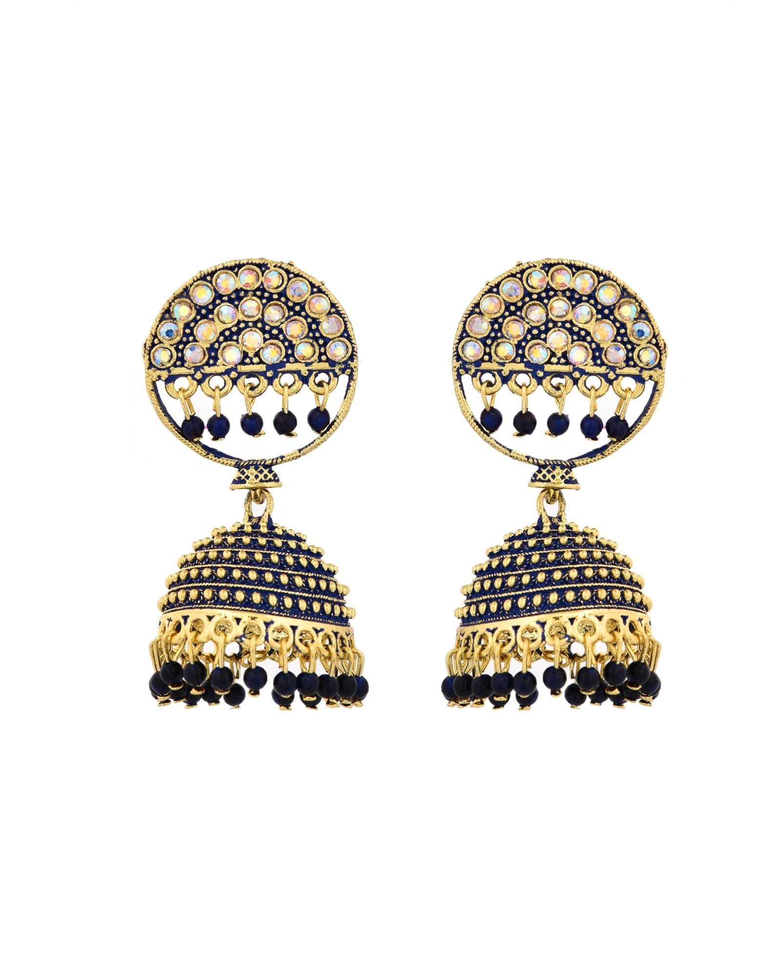 Jewels Nest Gold Plated Kundan Dark Blue Dome Jhumka Earrings With Beads For Women