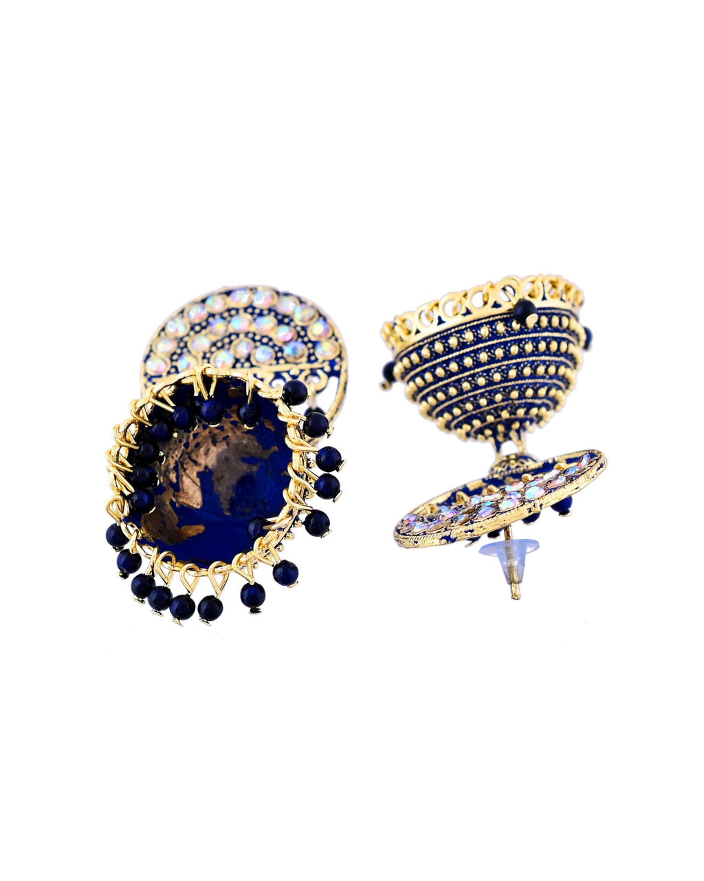 Jewels Nest Gold Plated Kundan Dark Blue Dome Jhumka Earrings With Beads For Women