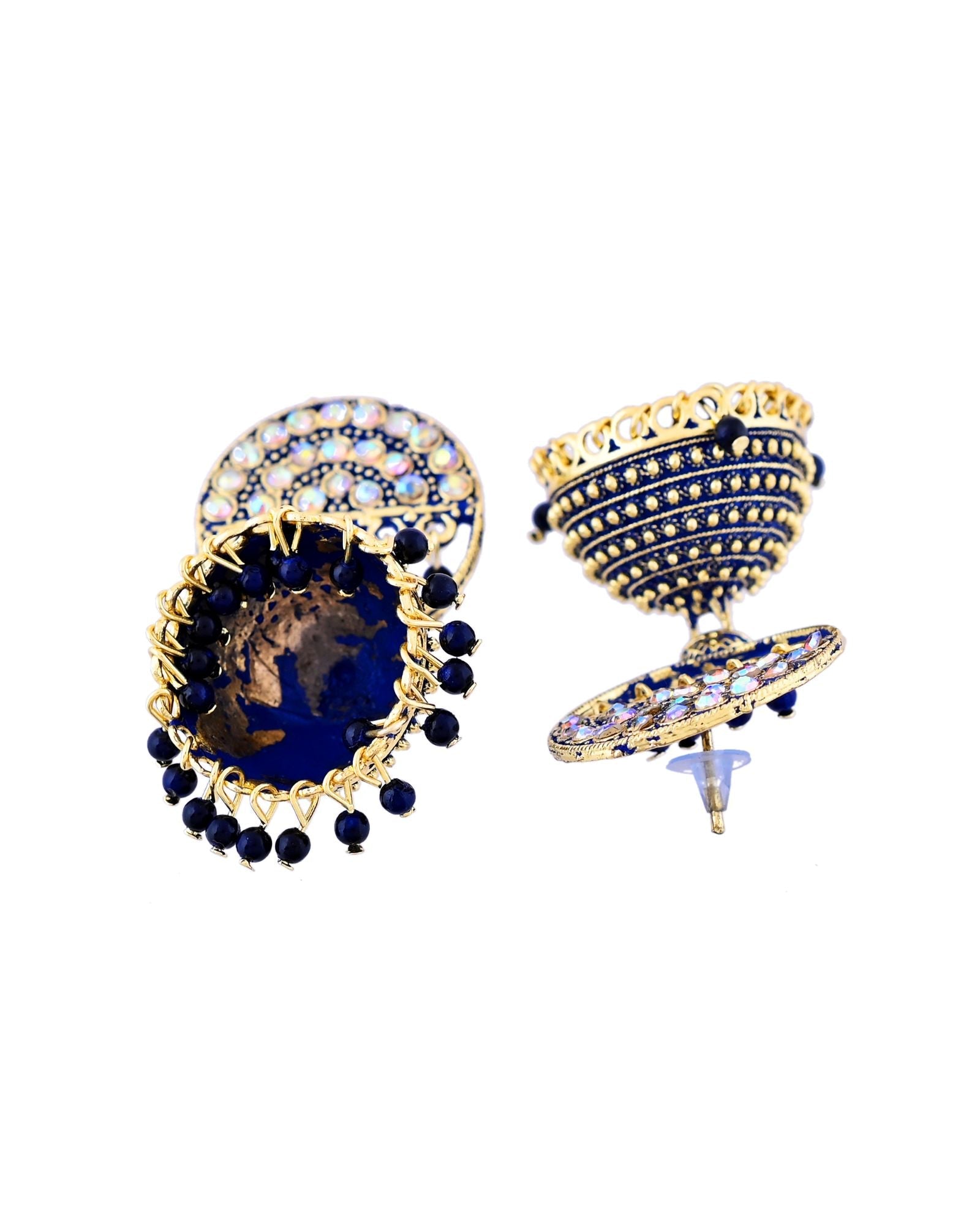 Jewels Nest Gold Plated Kundan Dark Blue Dome Jhumka Earrings With Beads For Women