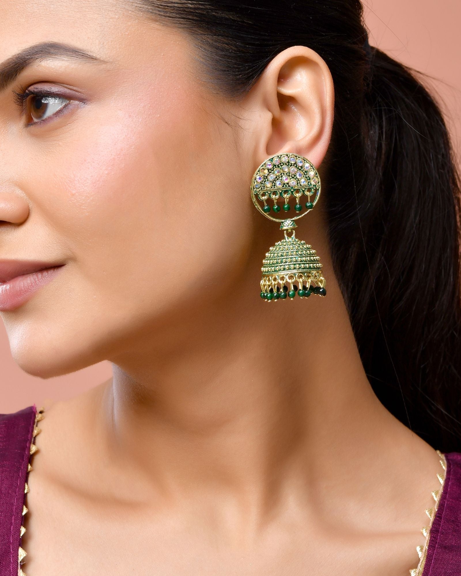 Jewels Nest Gold Plated Kundan Green Dome Jhumka Earrings With Beads For Women
