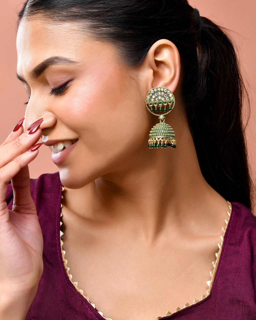 Jewels Nest Gold Plated Kundan Green Dome Jhumka Earrings With Beads For Women