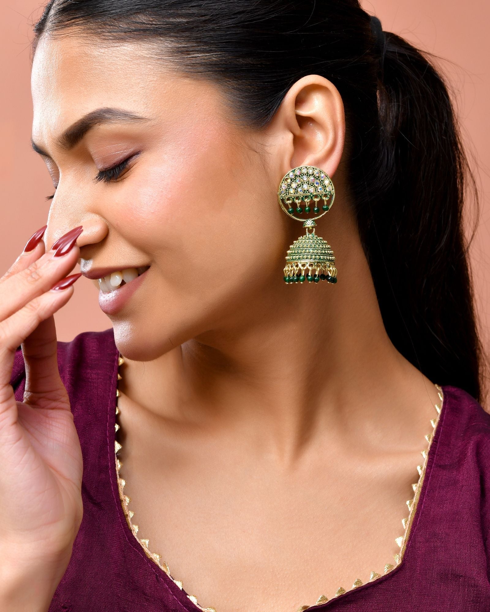 Jewels Nest Gold Plated Kundan Green Dome Jhumka Earrings With Beads For Women