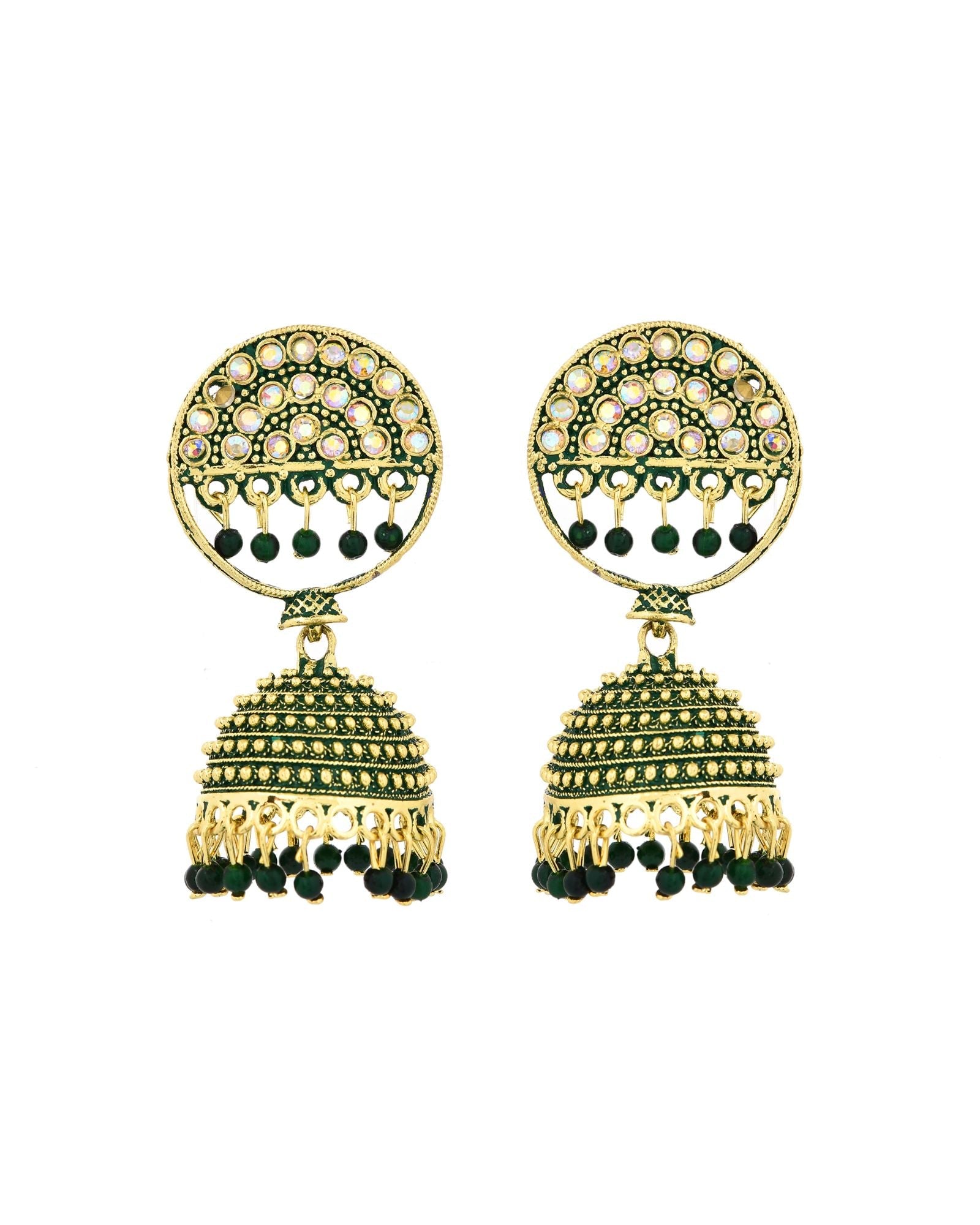 Jewels Nest Gold Plated Kundan Green Dome Jhumka Earrings With Beads For Women