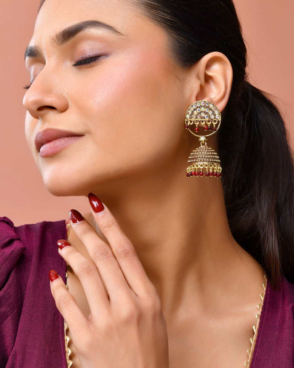 Jewels Nest Gold Plated Kundan Studded Maroon Bead Jhumka Earrings For Women
