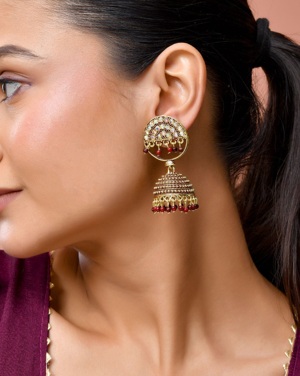 Jewels Nest Gold Plated Kundan Studded Maroon Bead Jhumka Earrings For Women