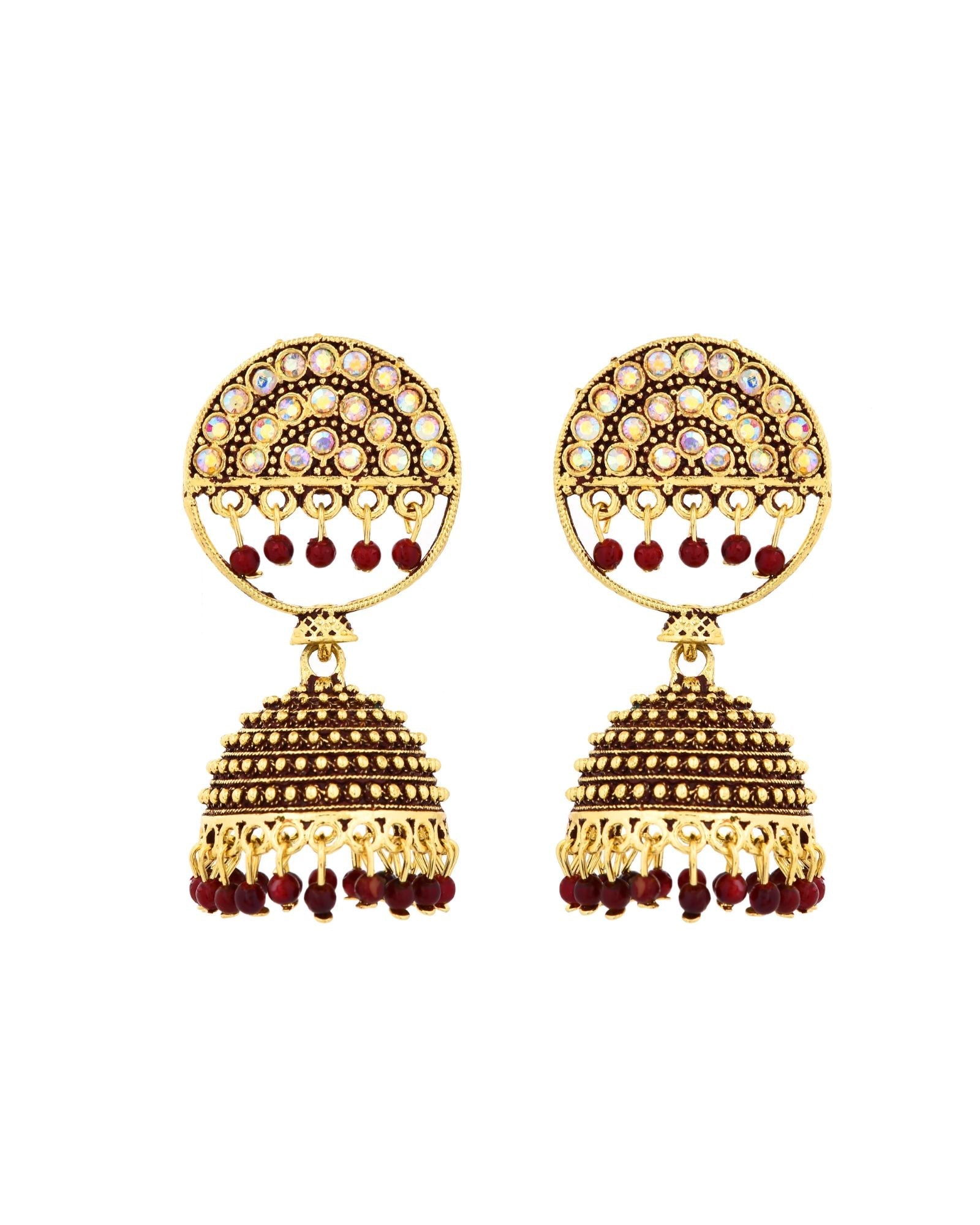Jewels Nest Gold Plated Kundan Studded Maroon Bead Jhumka Earrings For Women