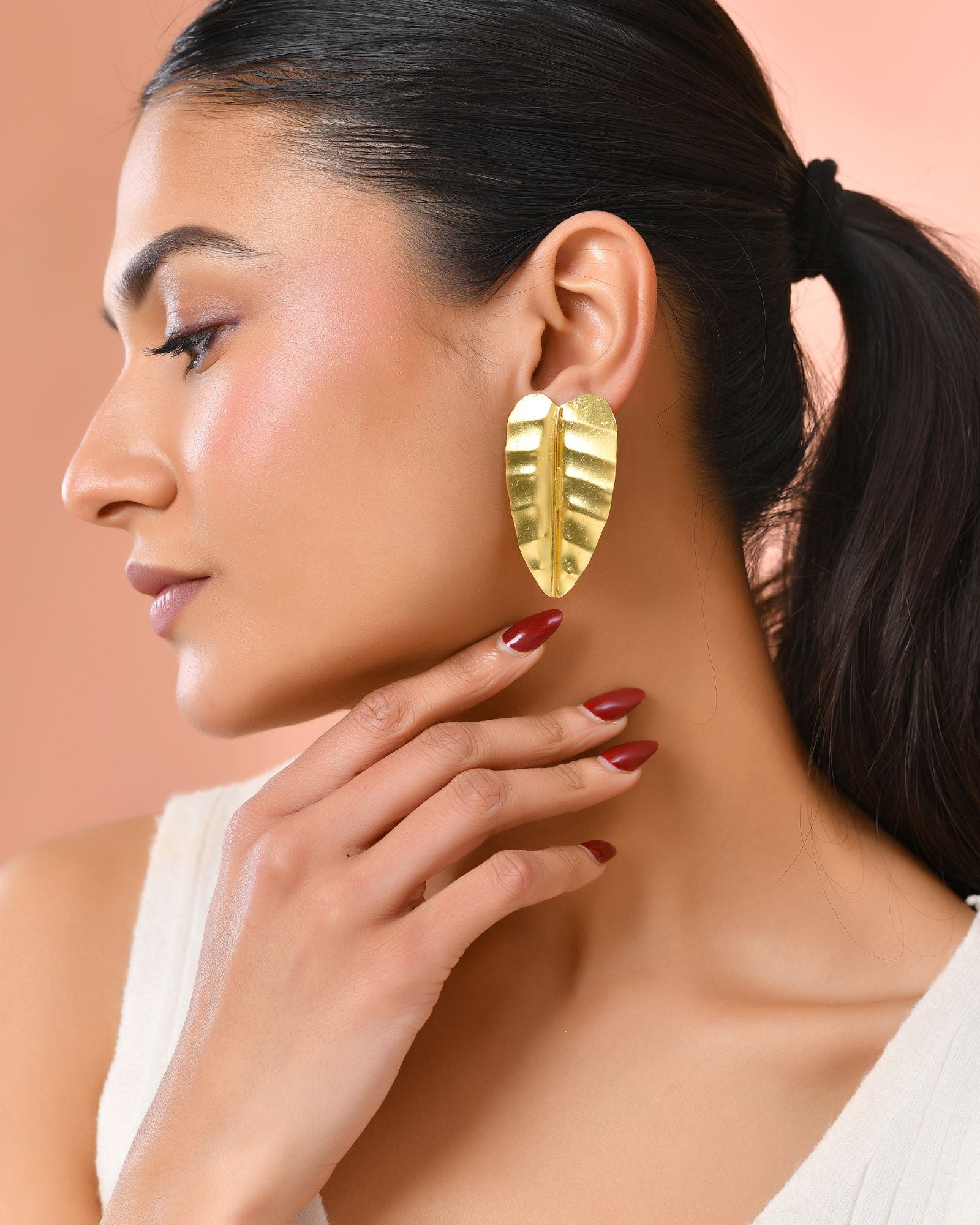 Jewels Nest Gold Leaf Textured Statement Stud Earrings For Women