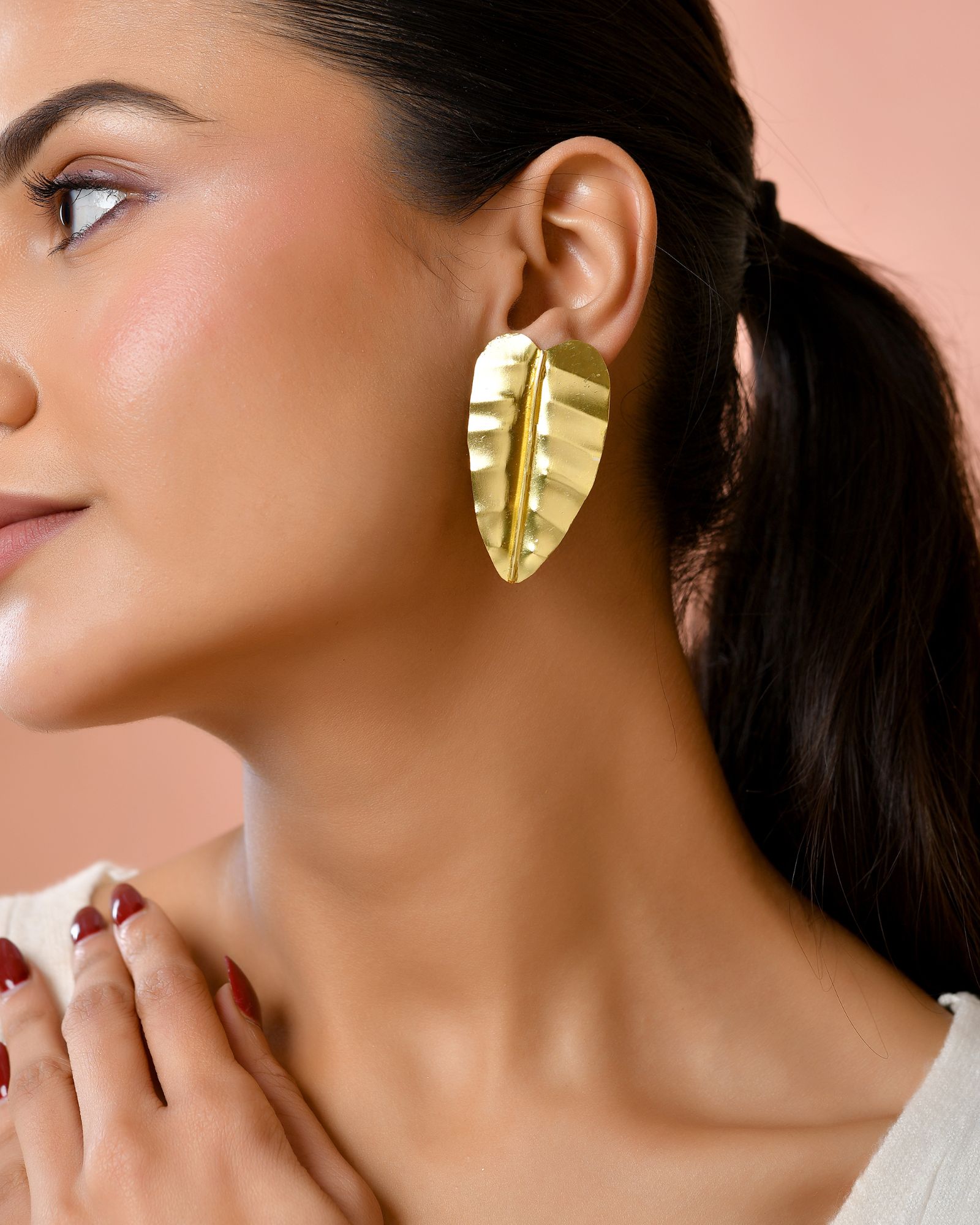 Jewels Nest Gold Leaf Textured Statement Stud Earrings For Women