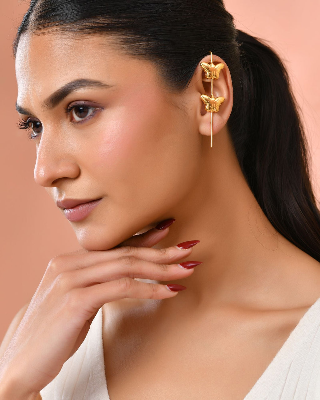 Jewels Nest Gold-Tone Butterfly Motif Linear Drop Earrings For Women | Minimal Elegant Jewellery