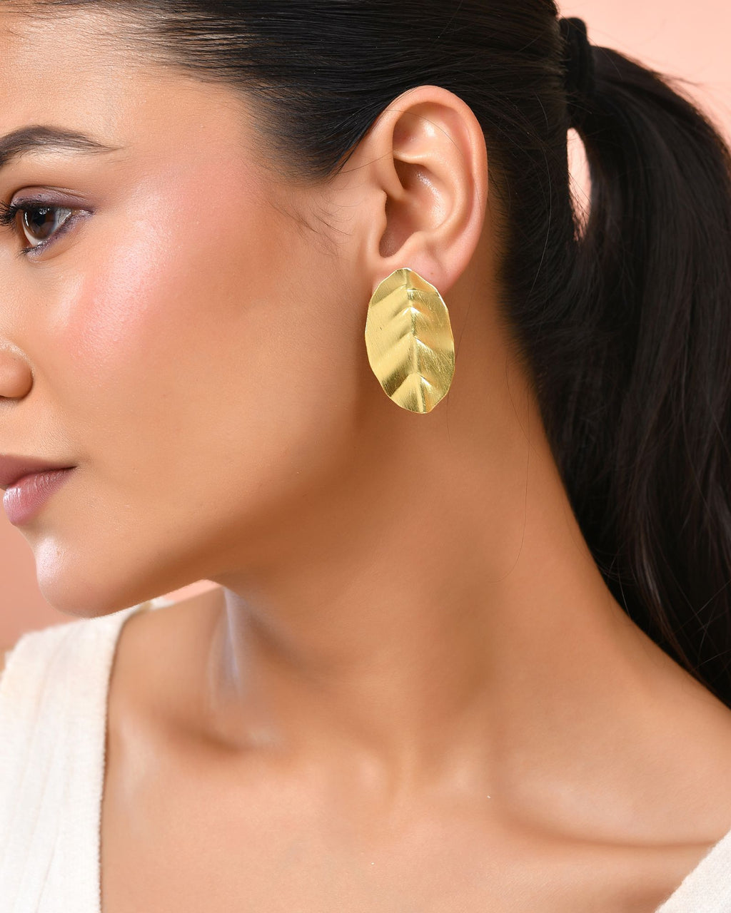 Jewels Nest Gold-Tone Textured Leaf Stud Earrings For Women | Minimal Modern Jewellery