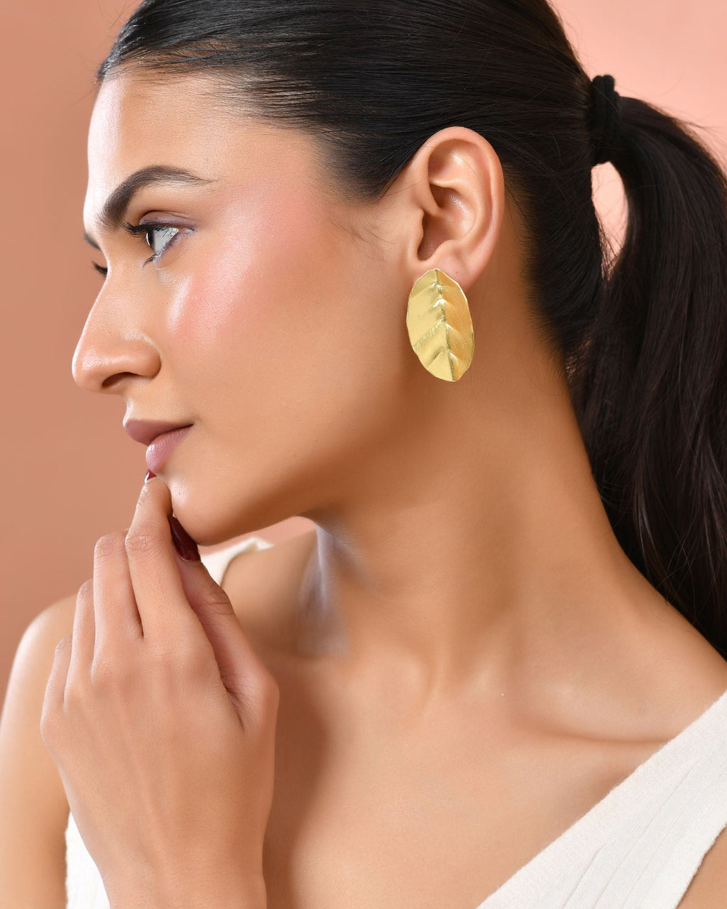 Jewels Nest Gold-Tone Textured Leaf Stud Earrings For Women | Minimal Modern Jewellery