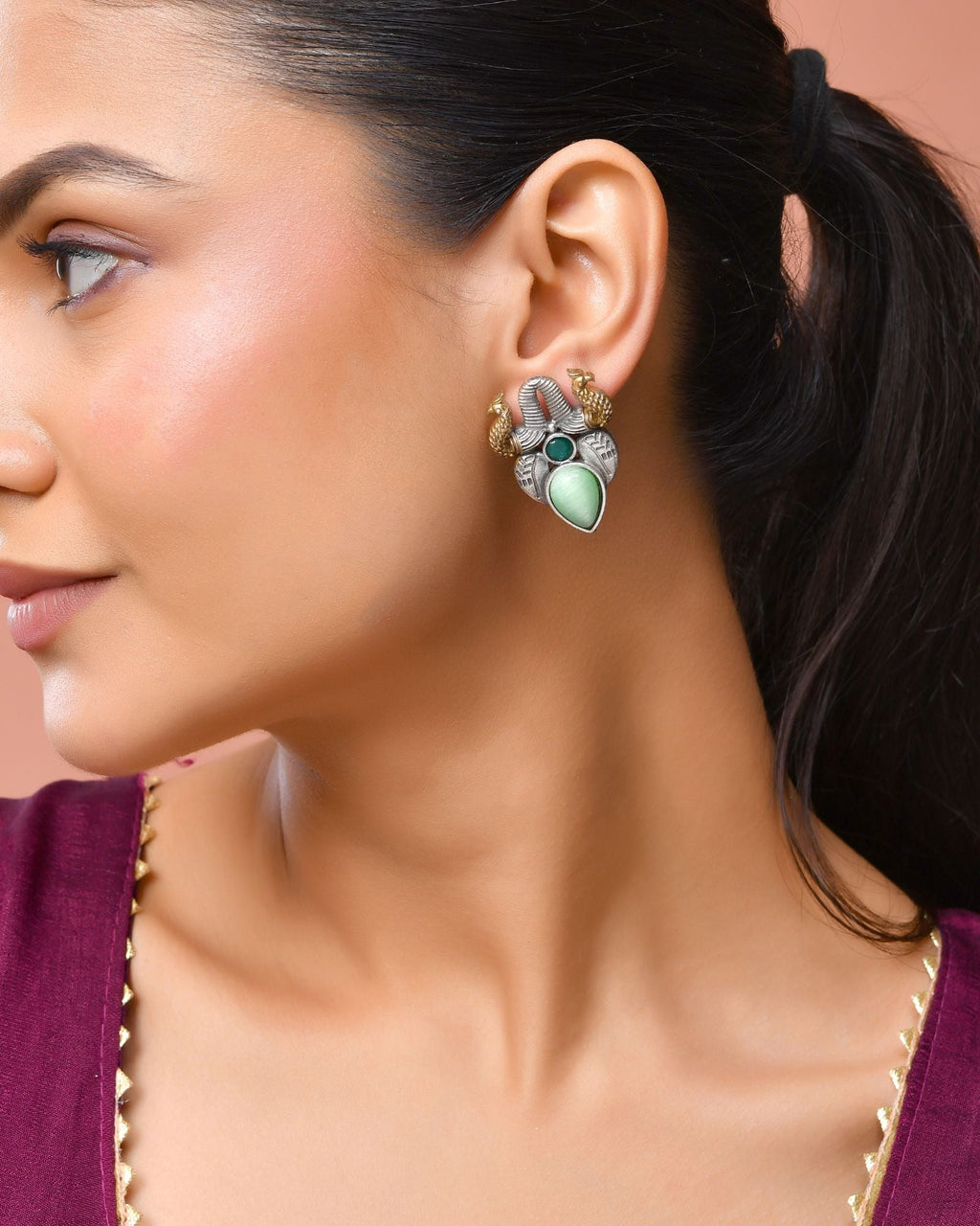 Jewels Nest Oxidised Silver Peacock Stud Earrings With Green Stone For Women