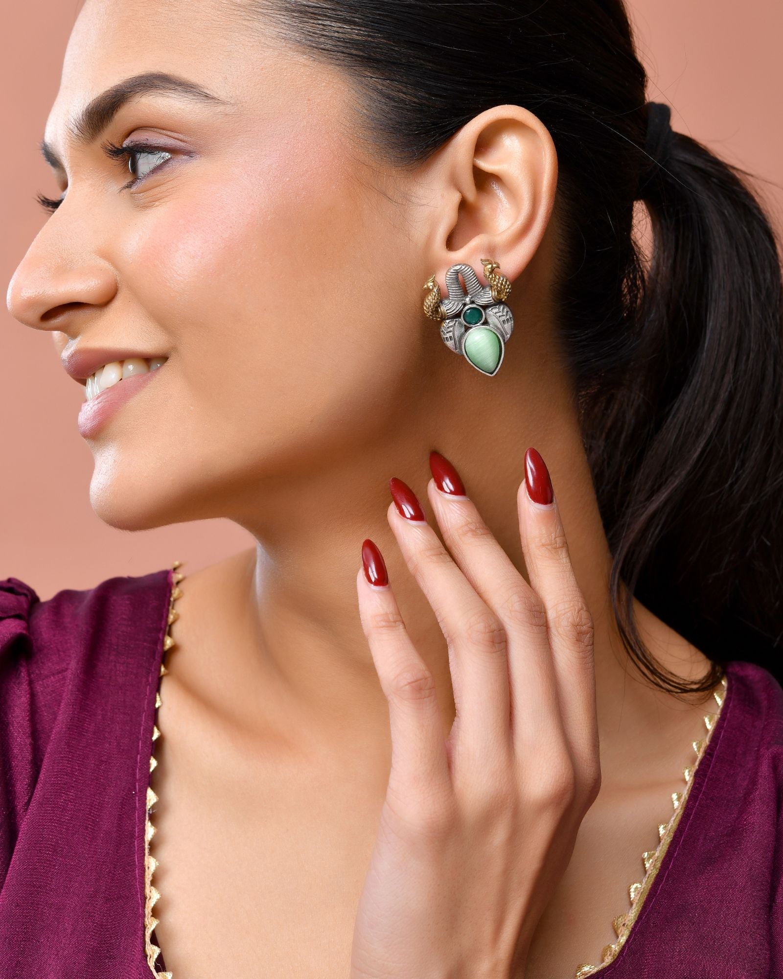 Jewels Nest Oxidised Silver Peacock Stud Earrings With Green Stone For Women