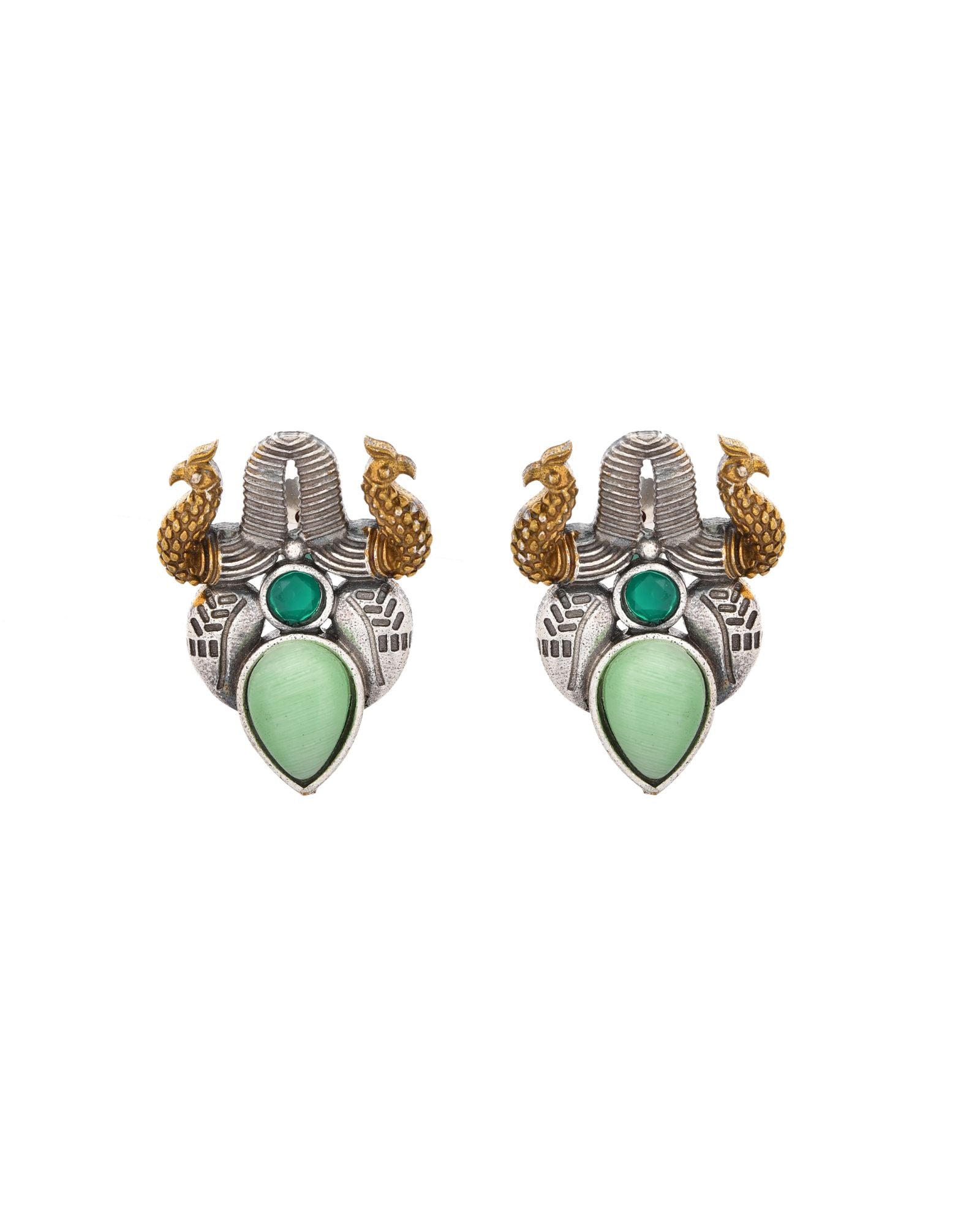 Jewels Nest Oxidised Silver Peacock Stud Earrings With Green Stone For Women