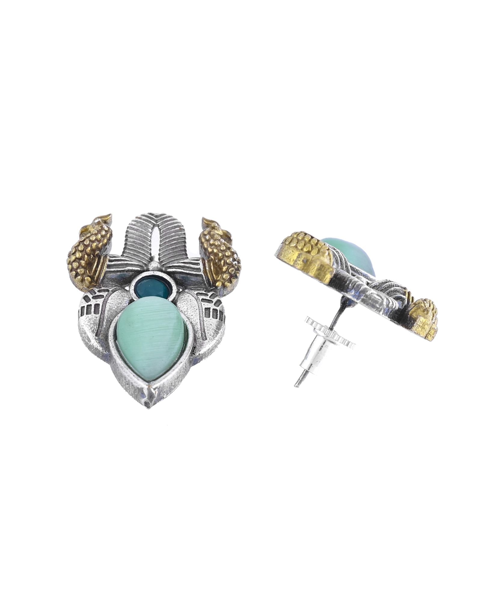 Jewels Nest Oxidised Silver Peacock Stud Earrings With Green Stone For Women