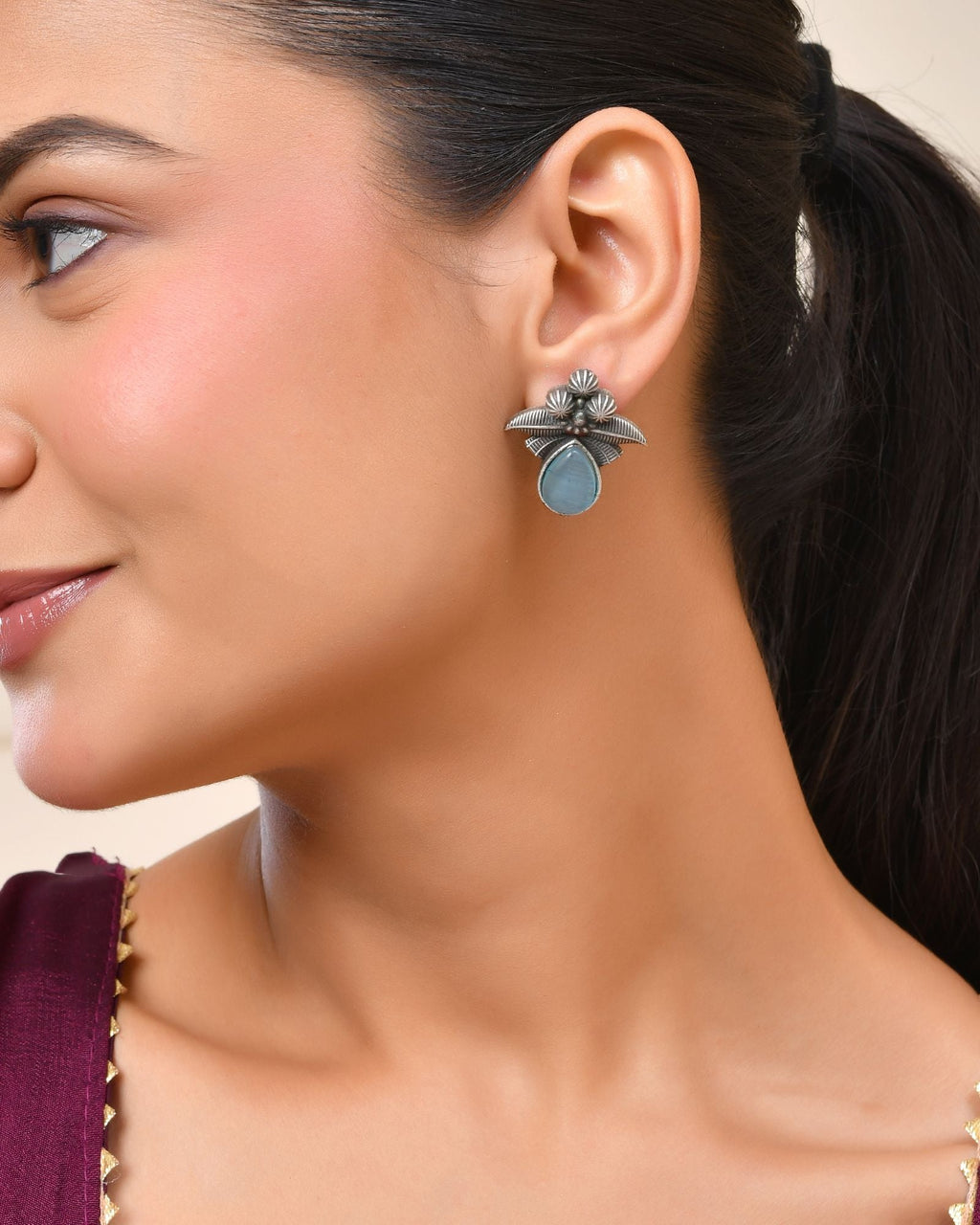 Jewels Nest Oxidised Silver Floral Stud Earrings With Blue Stone For Women
