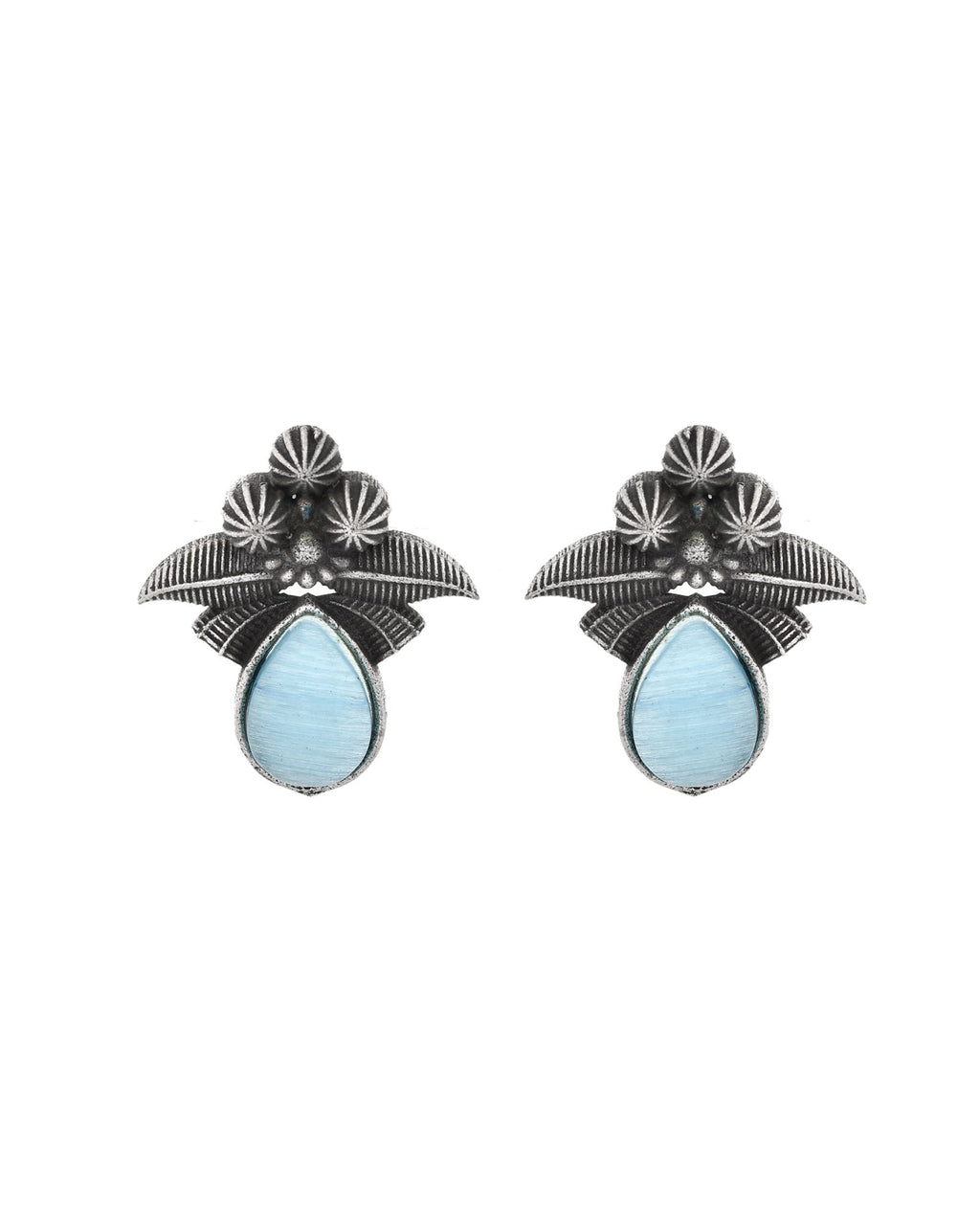 Jewels Nest Oxidised Silver Floral Stud Earrings With Blue Stone For Women