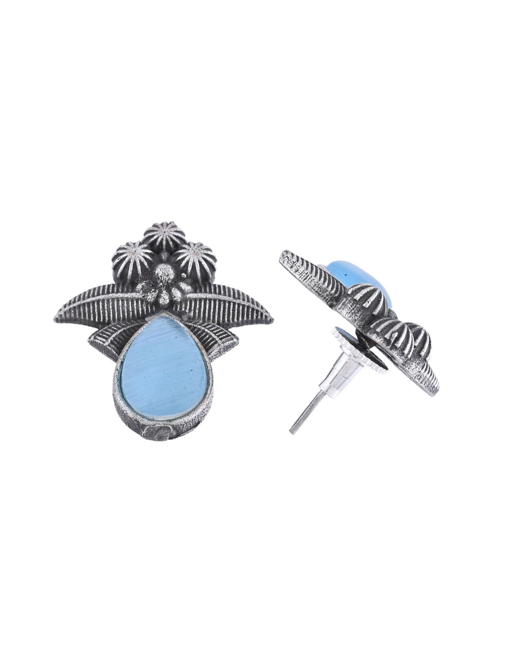 Jewels Nest Oxidised Silver Floral Stud Earrings With Blue Stone For Women
