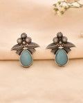 Jewels Nest Oxidised Silver Floral Stud Earrings With Blue Stone For Women