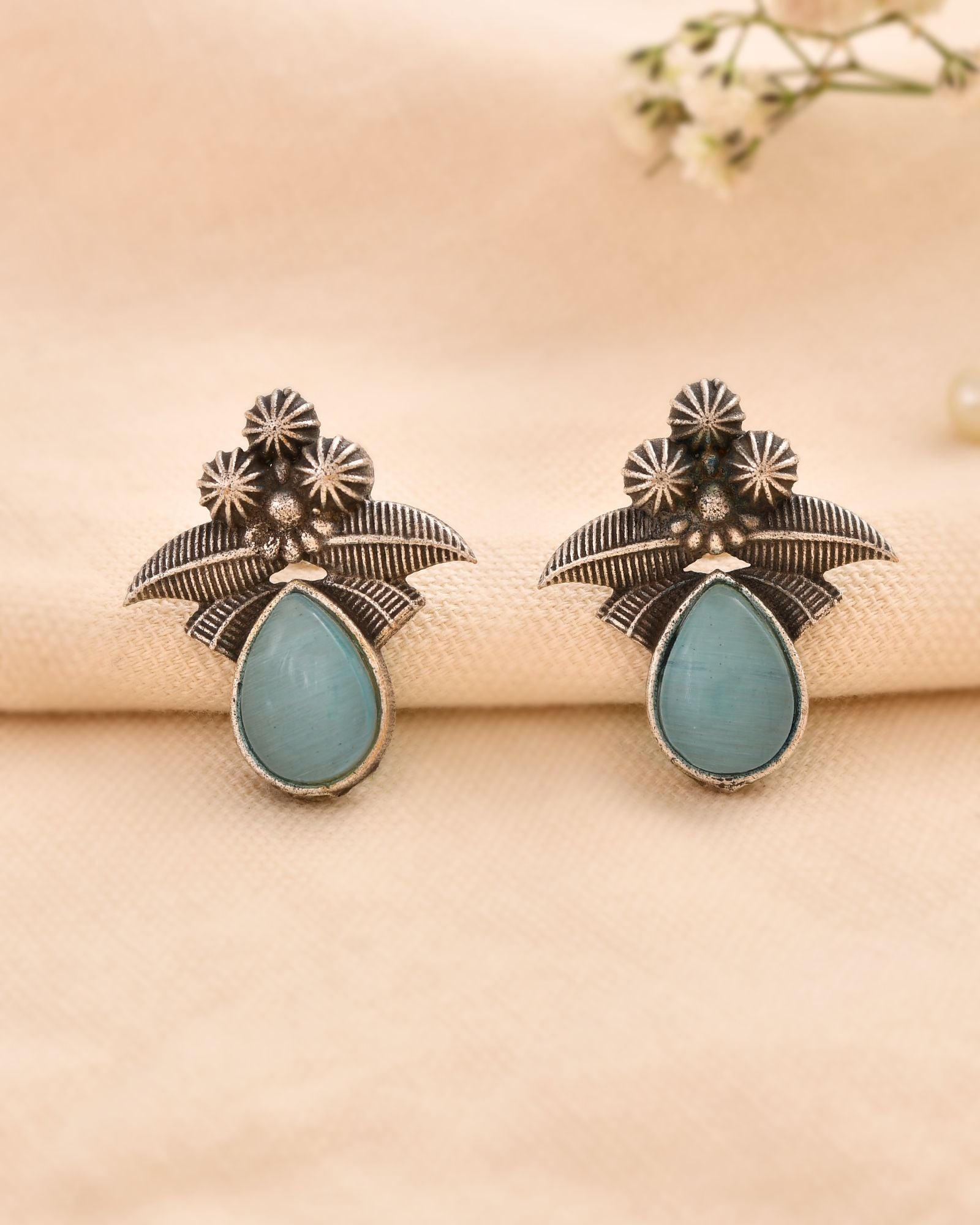 Jewels Nest Oxidised Silver Floral Stud Earrings With Blue Stone For Women