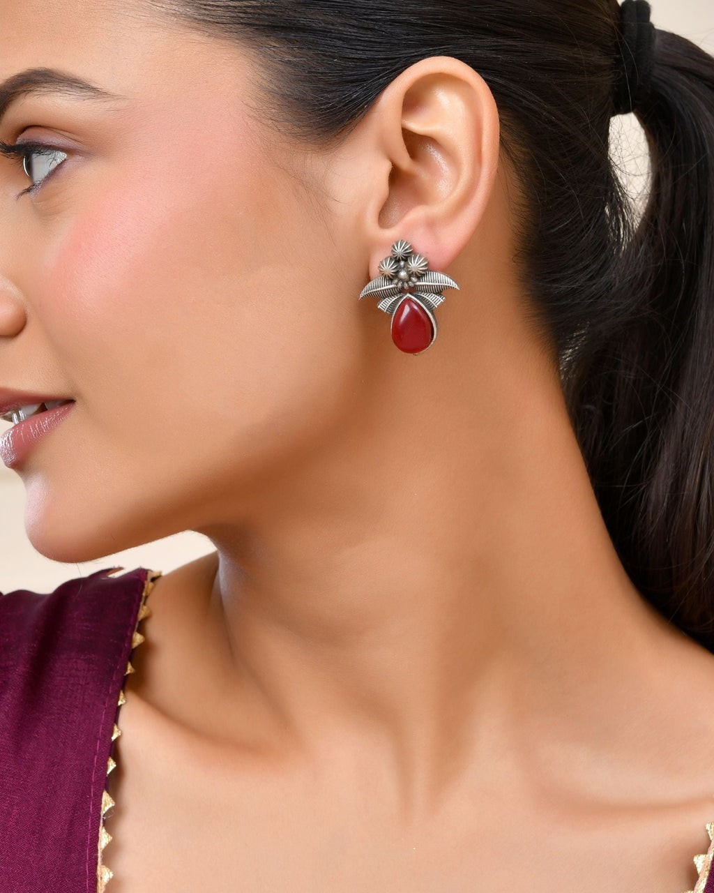 Jewels Nest Oxidised Silver Red Stone Floral Stud Earrings For Women