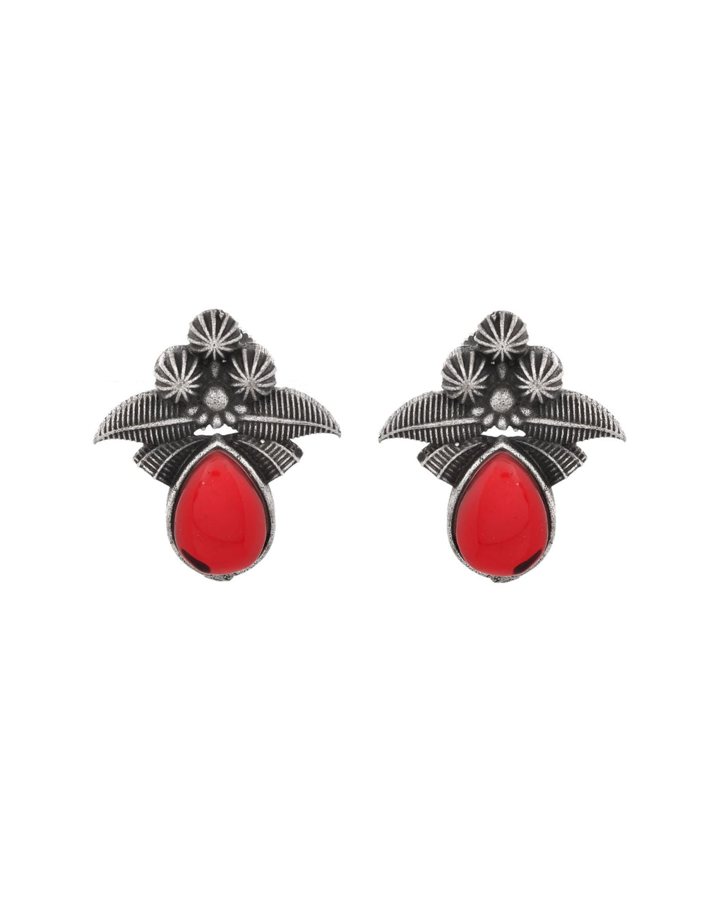 Jewels Nest Oxidised Silver Red Stone Floral Stud Earrings For Women