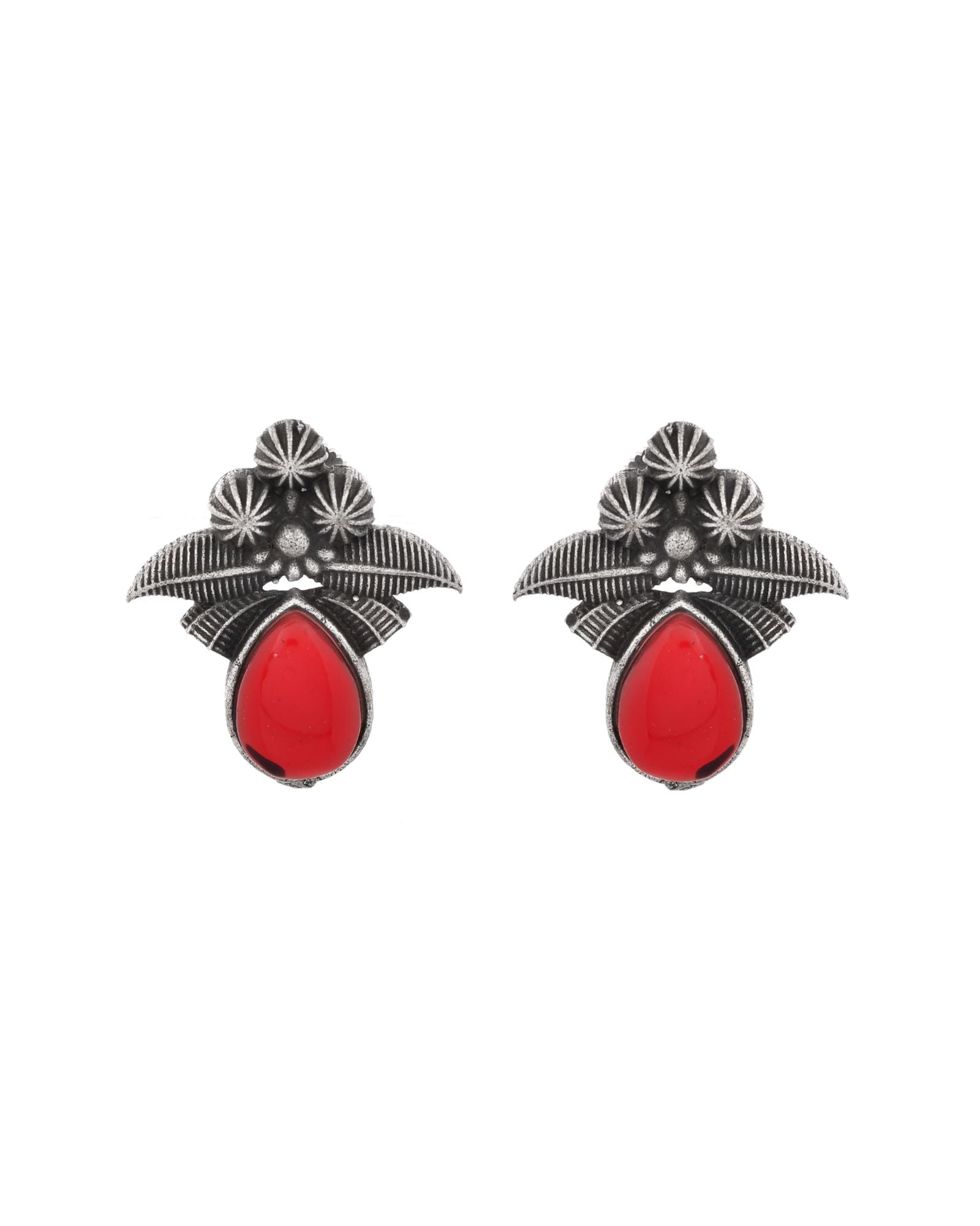 Jewels Nest Oxidised Silver Red Stone Floral Stud Earrings For Women