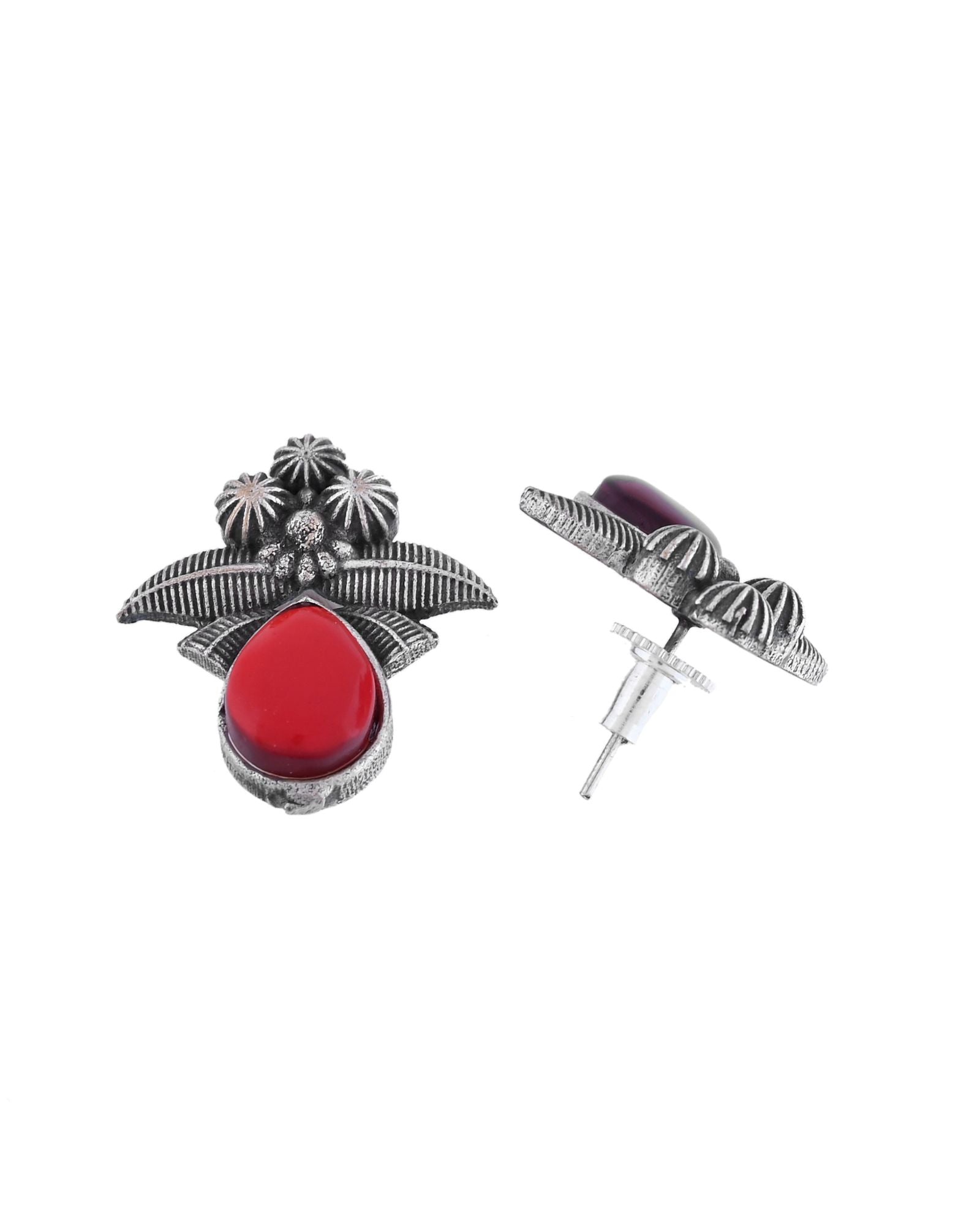 Jewels Nest Oxidised Silver Red Stone Floral Stud Earrings For Women
