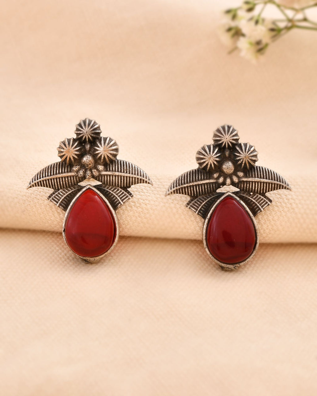 Jewels Nest Oxidised Silver Red Stone Floral Stud Earrings For Women