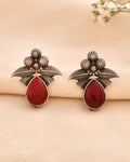 Jewels Nest Oxidised Silver Red Stone Floral Stud Earrings For Women