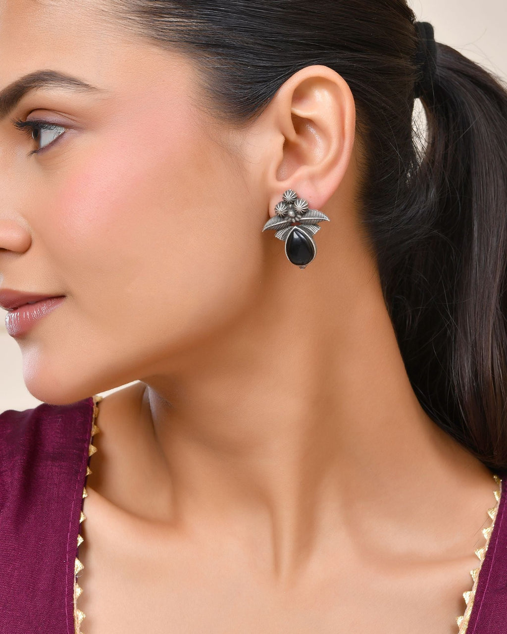 Jewels Nest Oxidised Silver Black Stone Floral Stud Earrings For Women