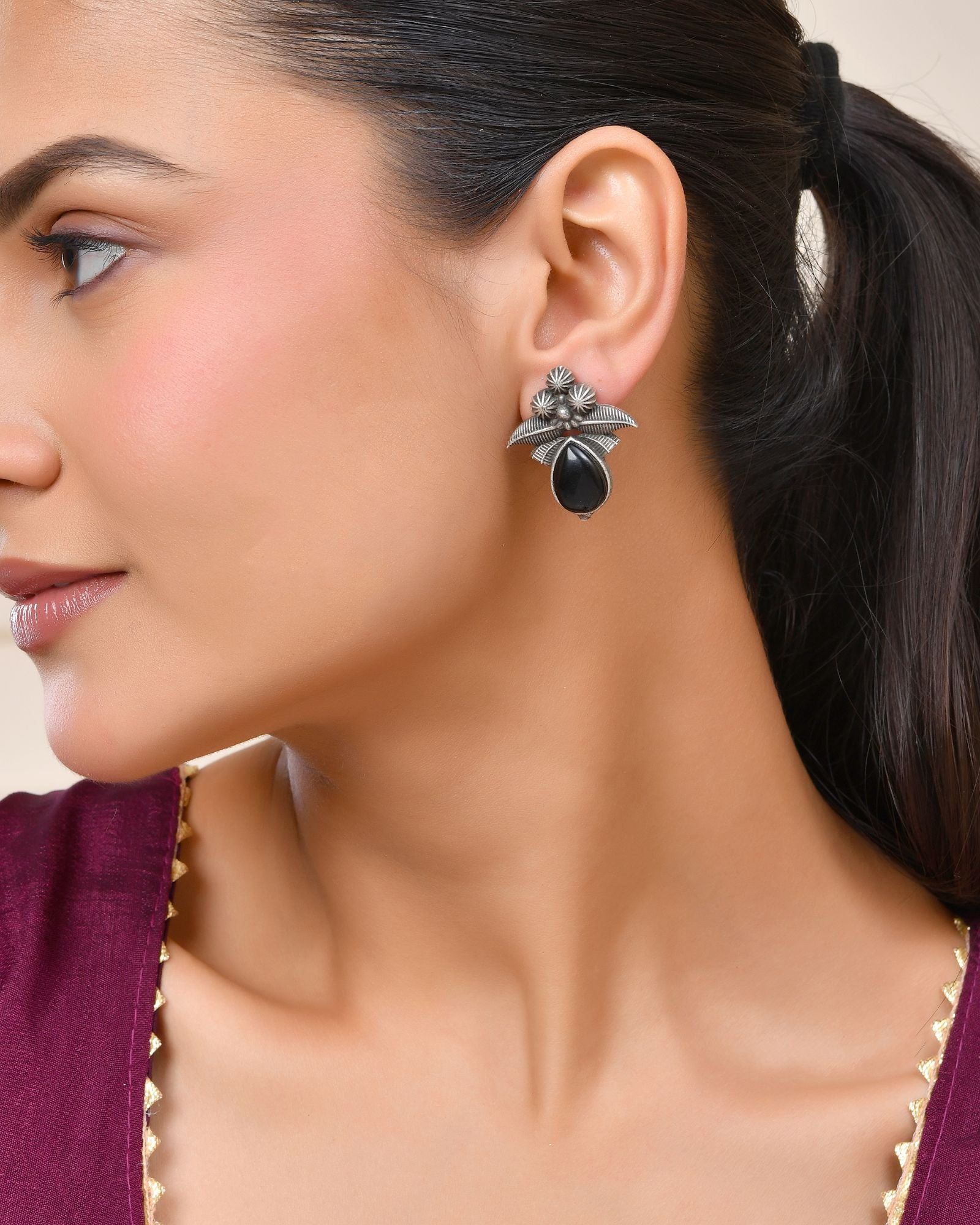 Jewels Nest Oxidised Silver Black Stone Floral Stud Earrings For Women