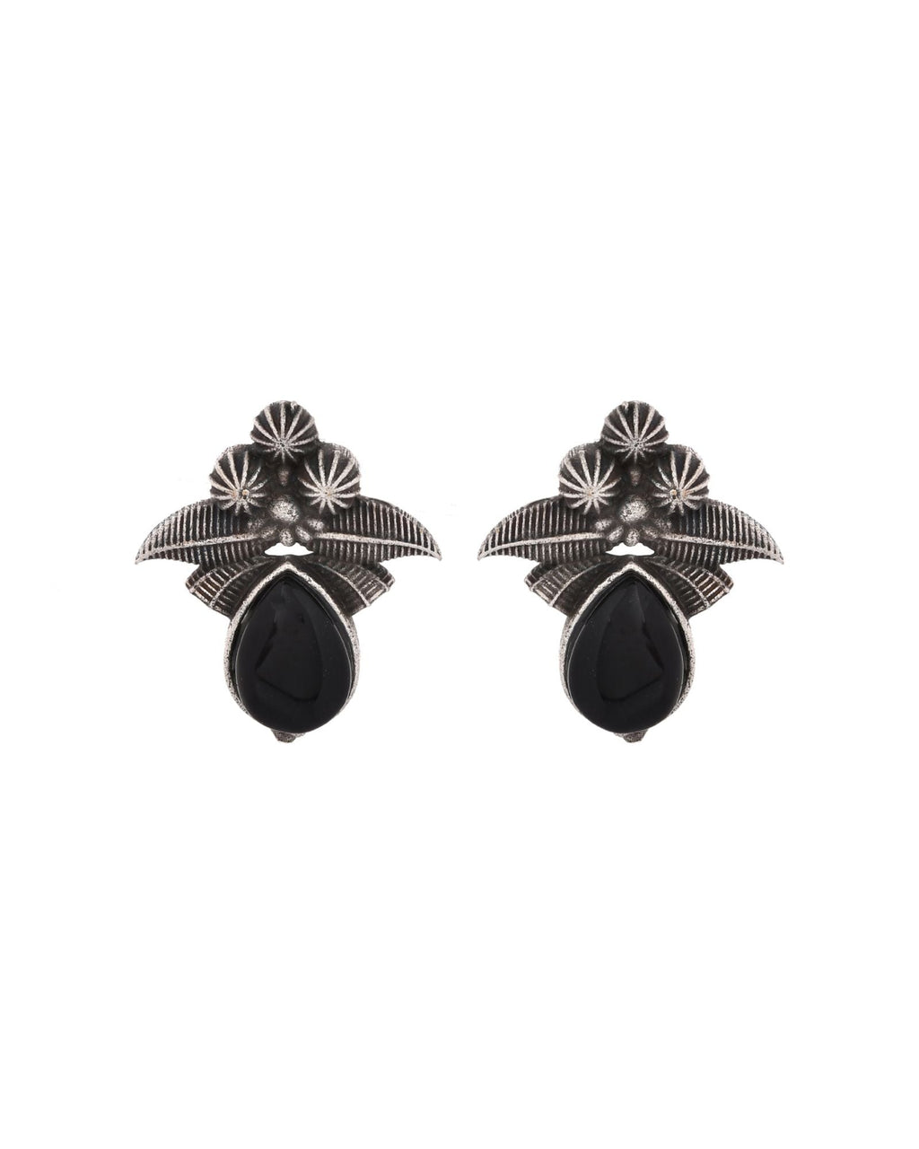 Jewels Nest Oxidised Silver Black Stone Floral Stud Earrings For Women