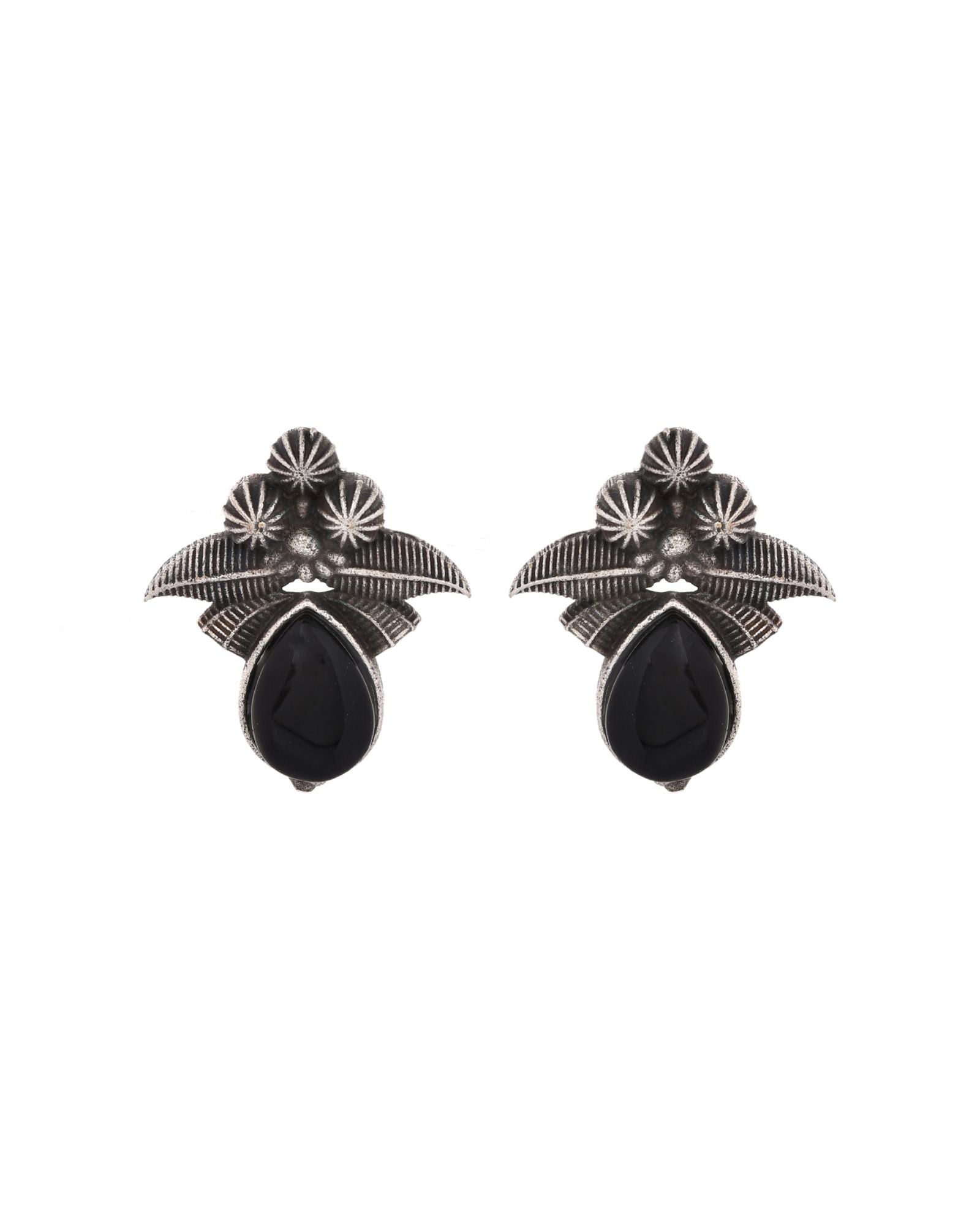 Jewels Nest Oxidised Silver Black Stone Floral Stud Earrings For Women