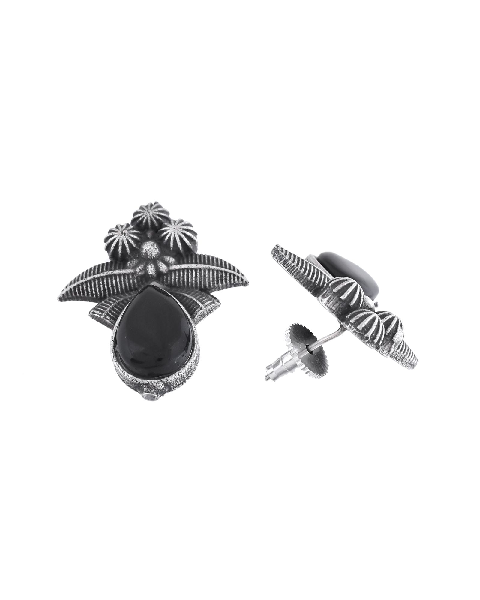 Jewels Nest Oxidised Silver Black Stone Floral Stud Earrings For Women