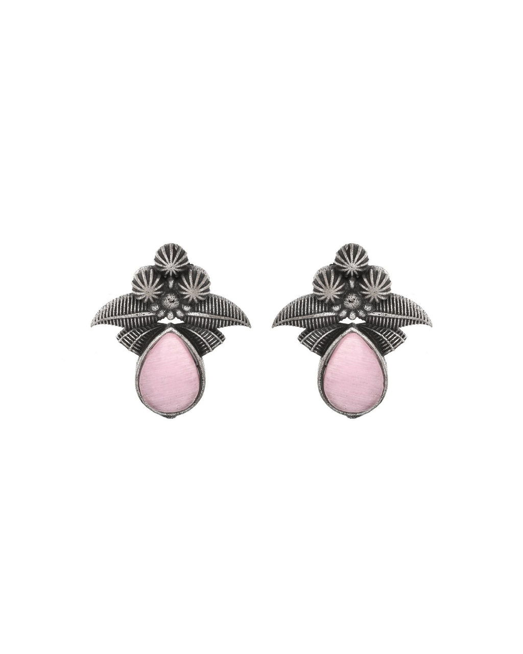 Jewels Nest Oxidised Silver Pink Stone Floral Stud Earrings For Women