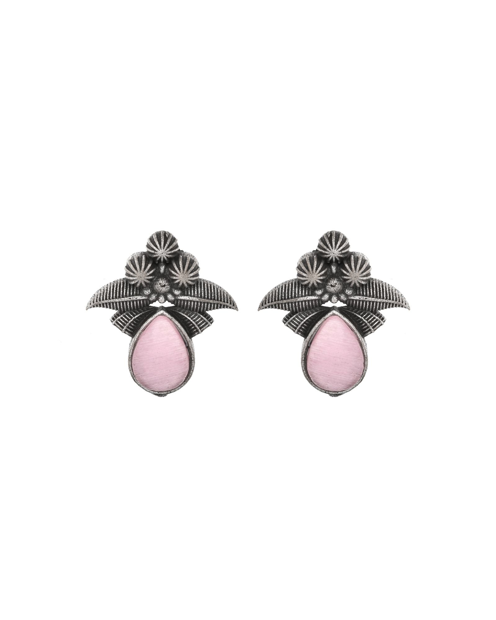 Jewels Nest Oxidised Silver Pink Stone Floral Stud Earrings For Women