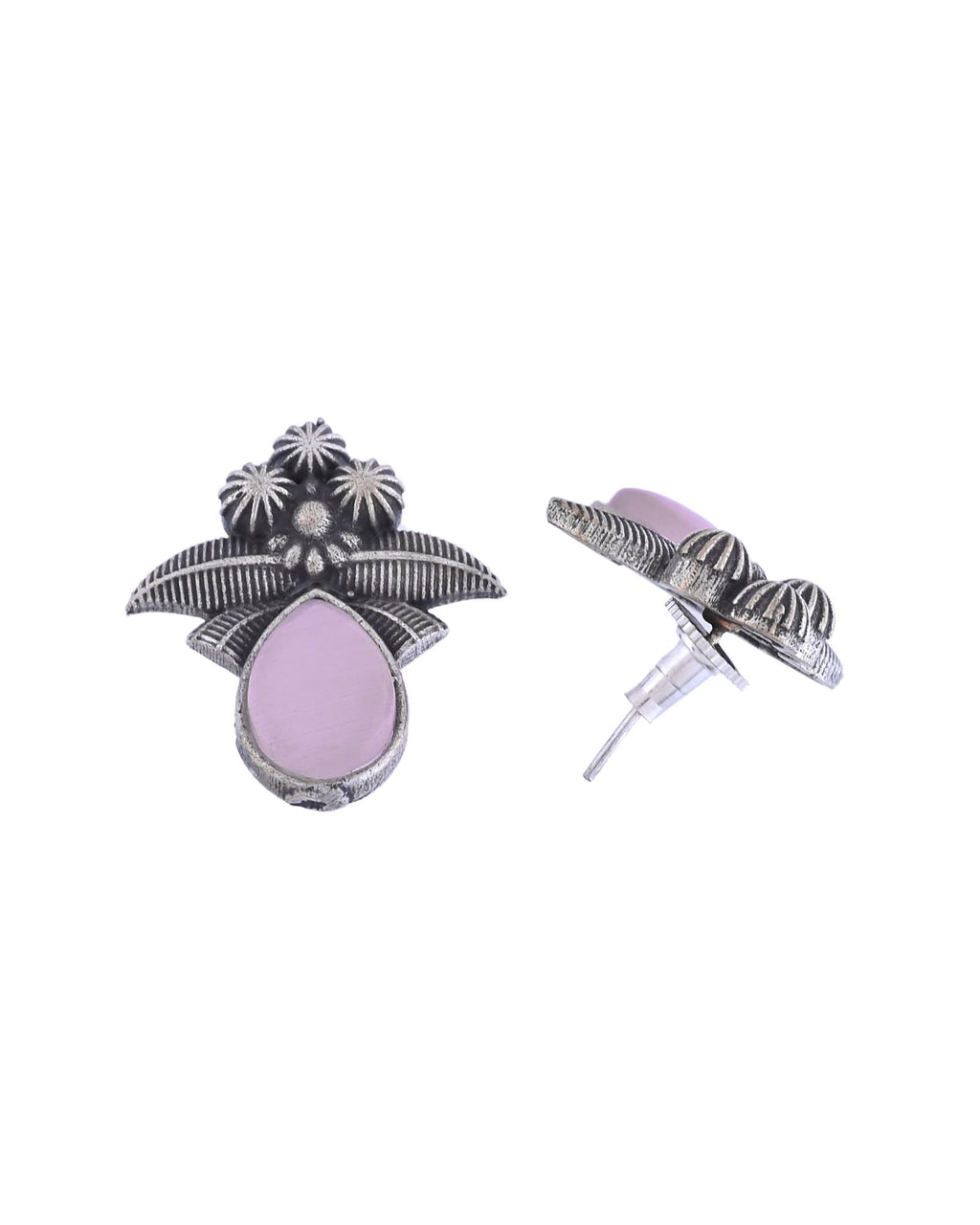 Jewels Nest Oxidised Silver Pink Stone Floral Stud Earrings For Women