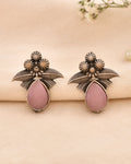 Jewels Nest Oxidised Silver Pink Stone Floral Stud Earrings For Women