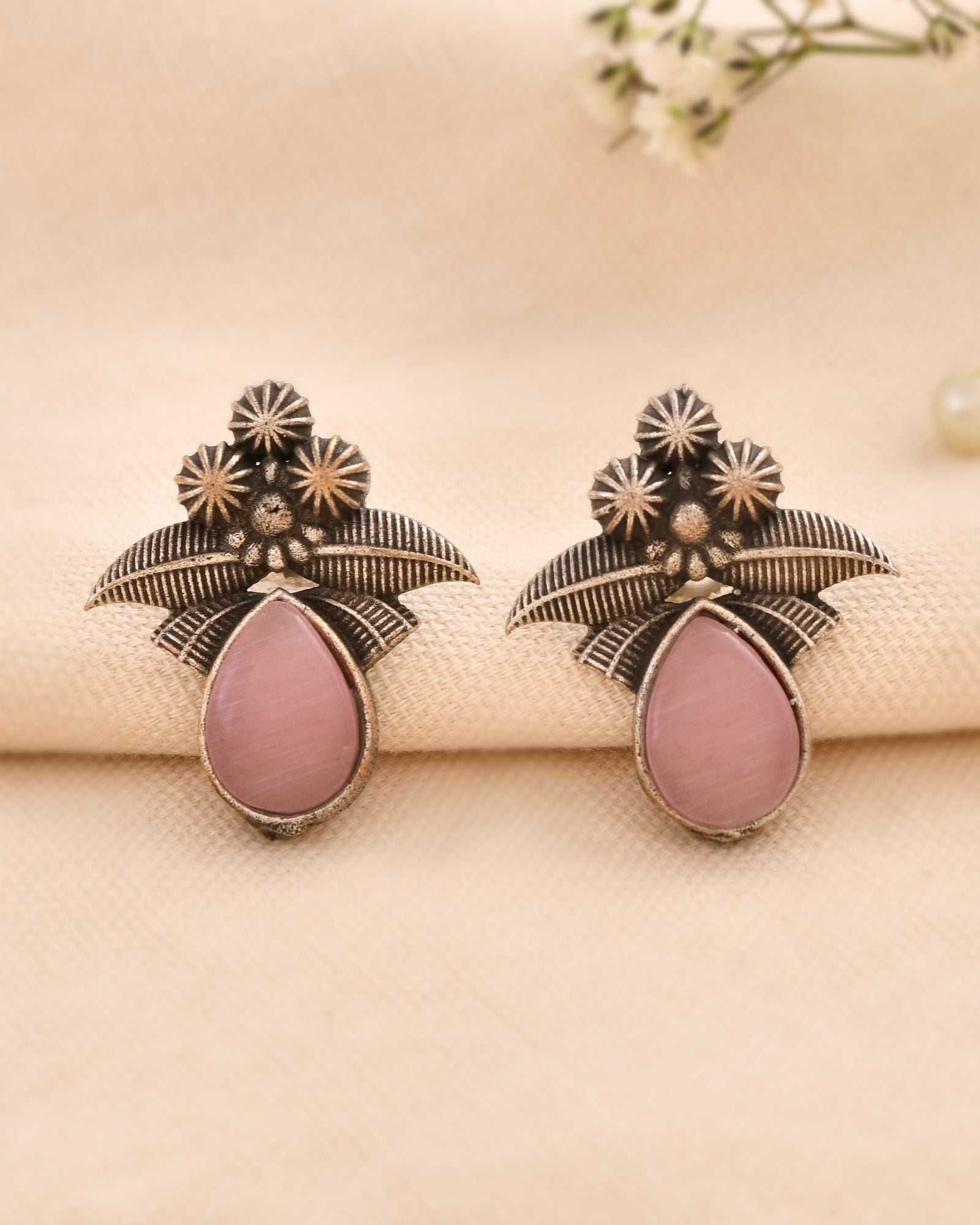 Jewels Nest Oxidised Silver Pink Stone Floral Stud Earrings For Women