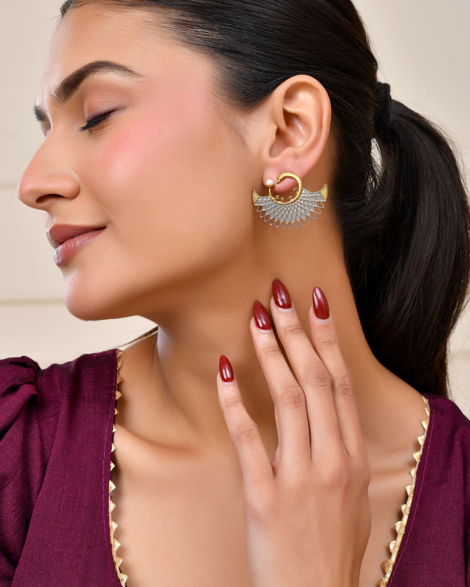 Jewels Nest Gold-Tone Dual Finish Fan Motif Stud Earrings For Women