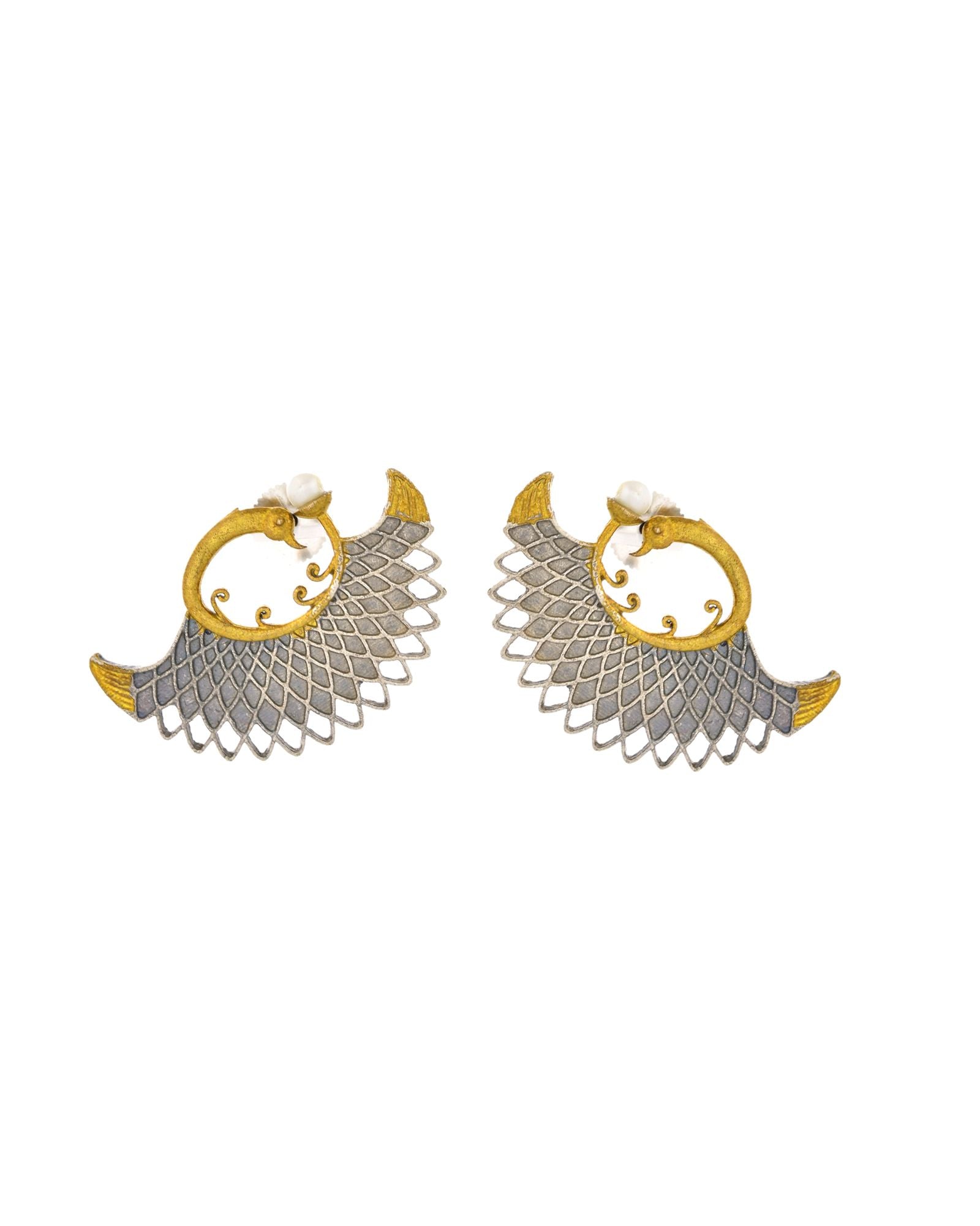 Jewels Nest Gold-Tone Dual Finish Fan Motif Stud Earrings For Women