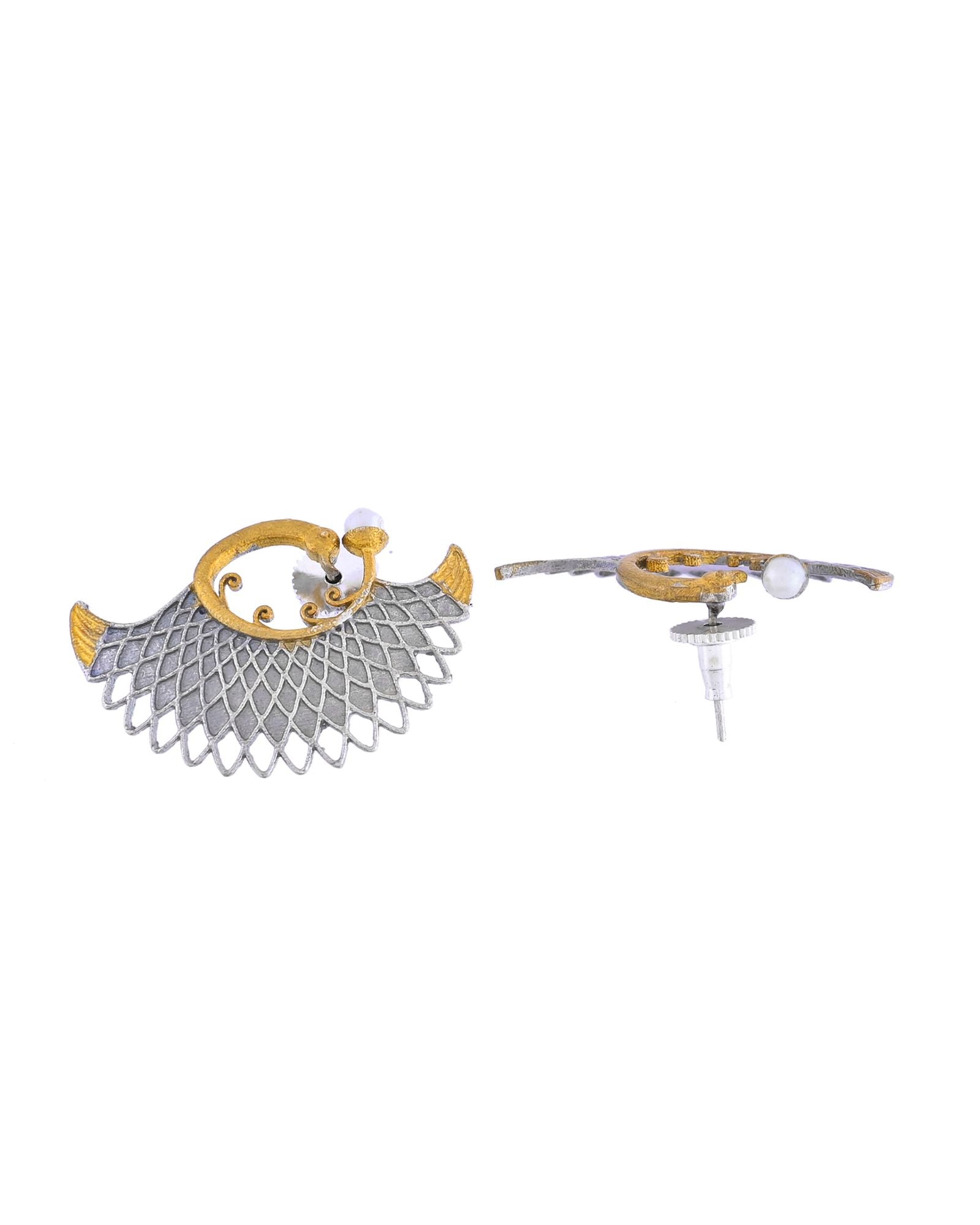 Jewels Nest Gold-Tone Dual Finish Fan Motif Stud Earrings For Women