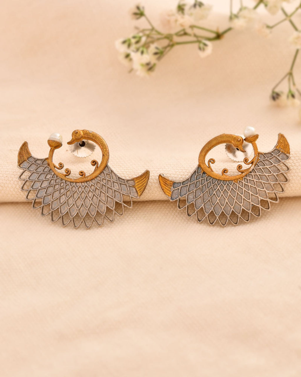 Jewels Nest Gold-Tone Dual Finish Fan Motif Stud Earrings For Women