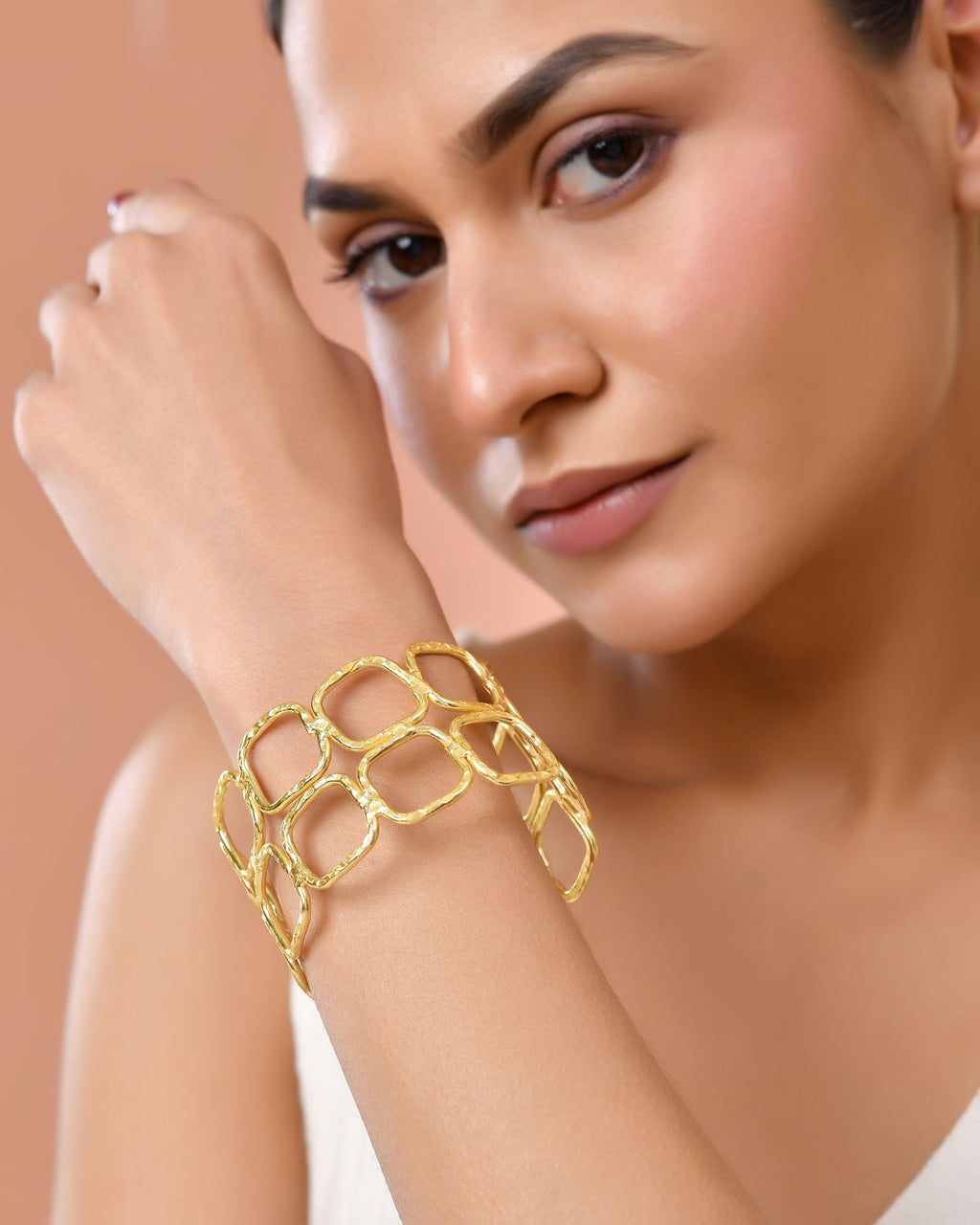 Jewels Nest Gold-Tone Geometric Link Cuff Bracelet For Women