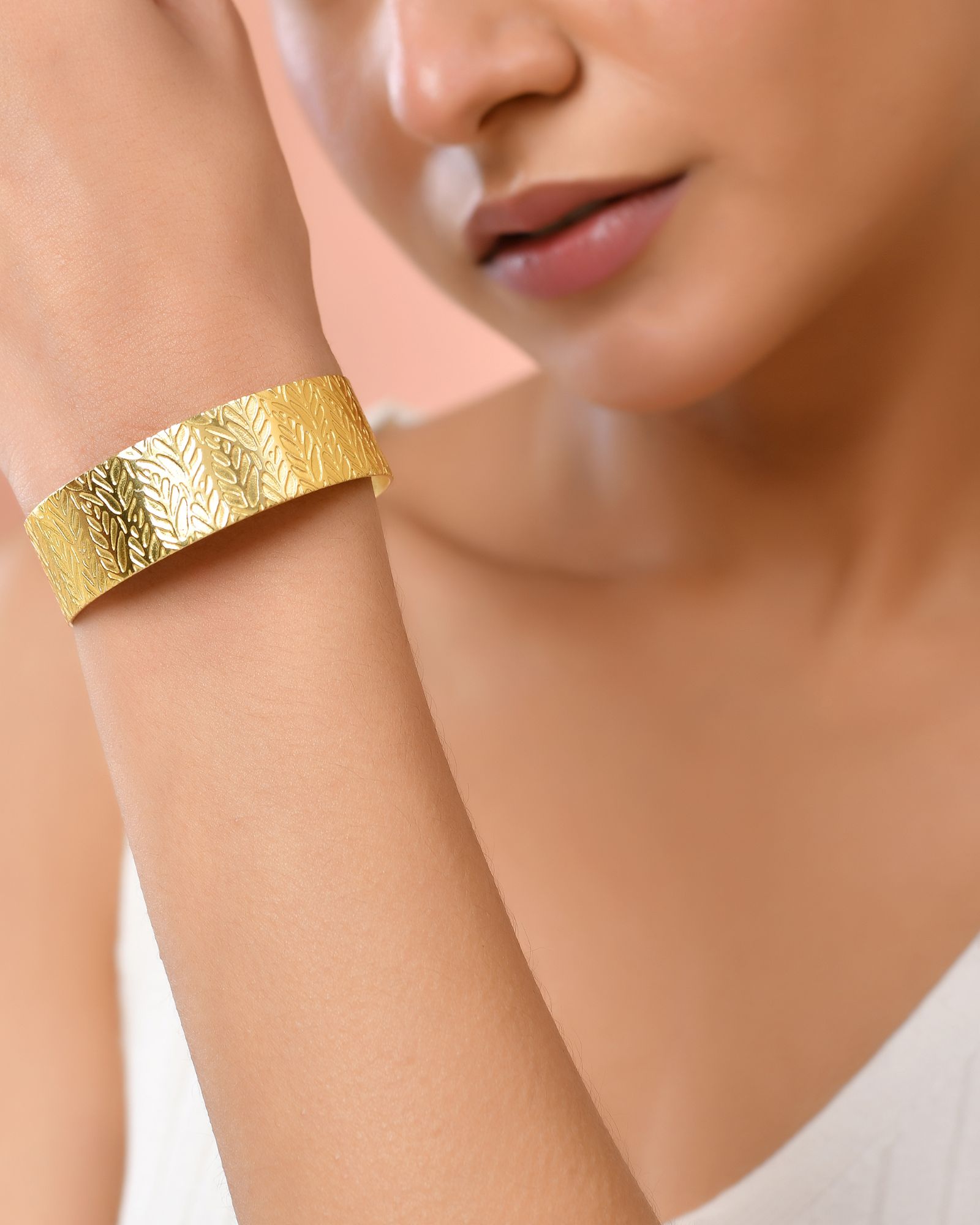 Jewels Nest Gold-Tone Anti- Tarnish Leaf Textured Wide Cuff Bangle For Women